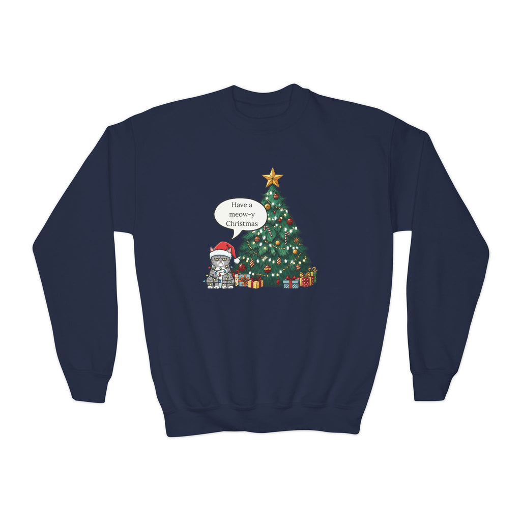 Youth Sweatshirt — Cute Kitty in Santa Hat Next to Decorated Christmas Tree (“Have a Meowy Christmas”)