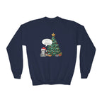 Youth Sweatshirt — Cute Kitty in Santa Hat Next to Decorated Christmas Tree (“Have a Meowy Christmas”)