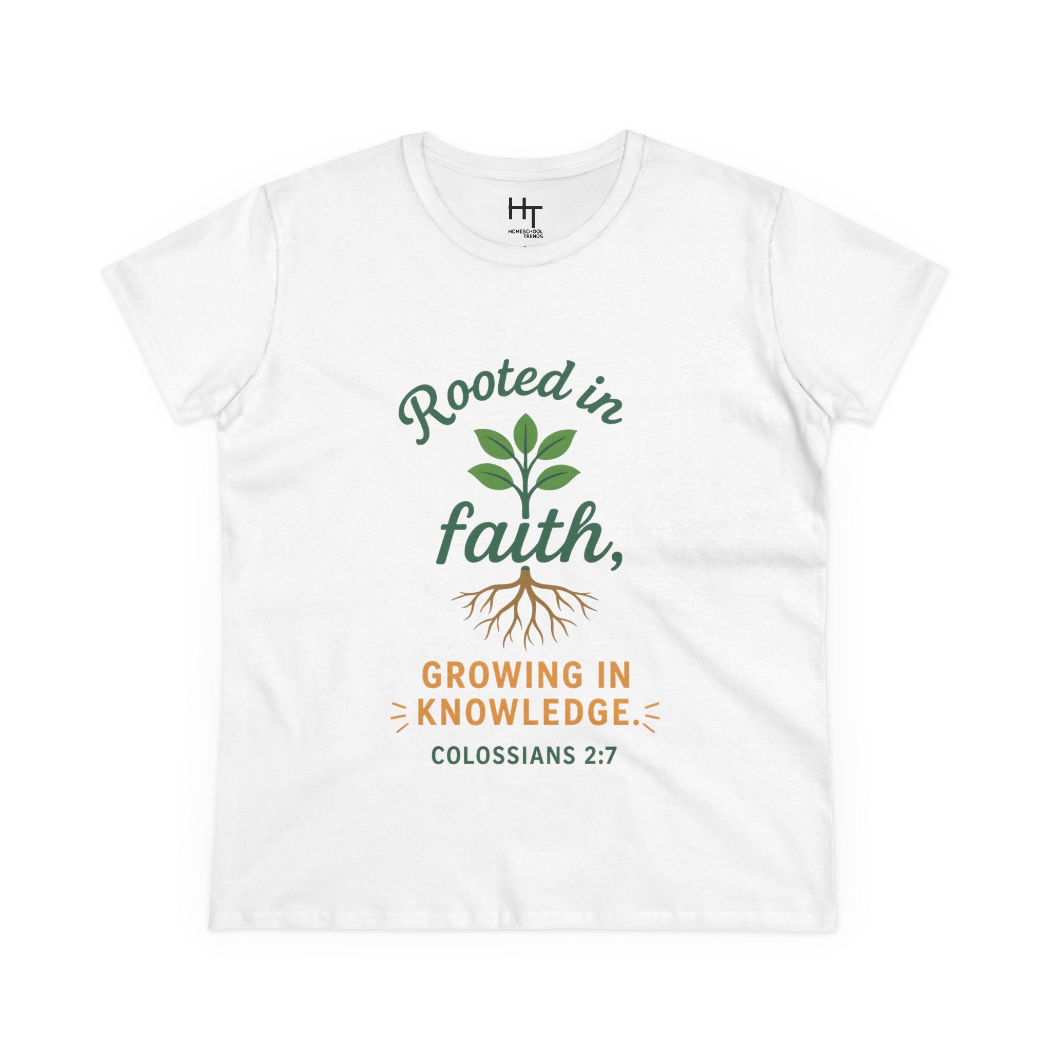 Rooted in Faith Women's Tee — "Growing in Knowledge" Colossians 2:7 Christian T-Shirt