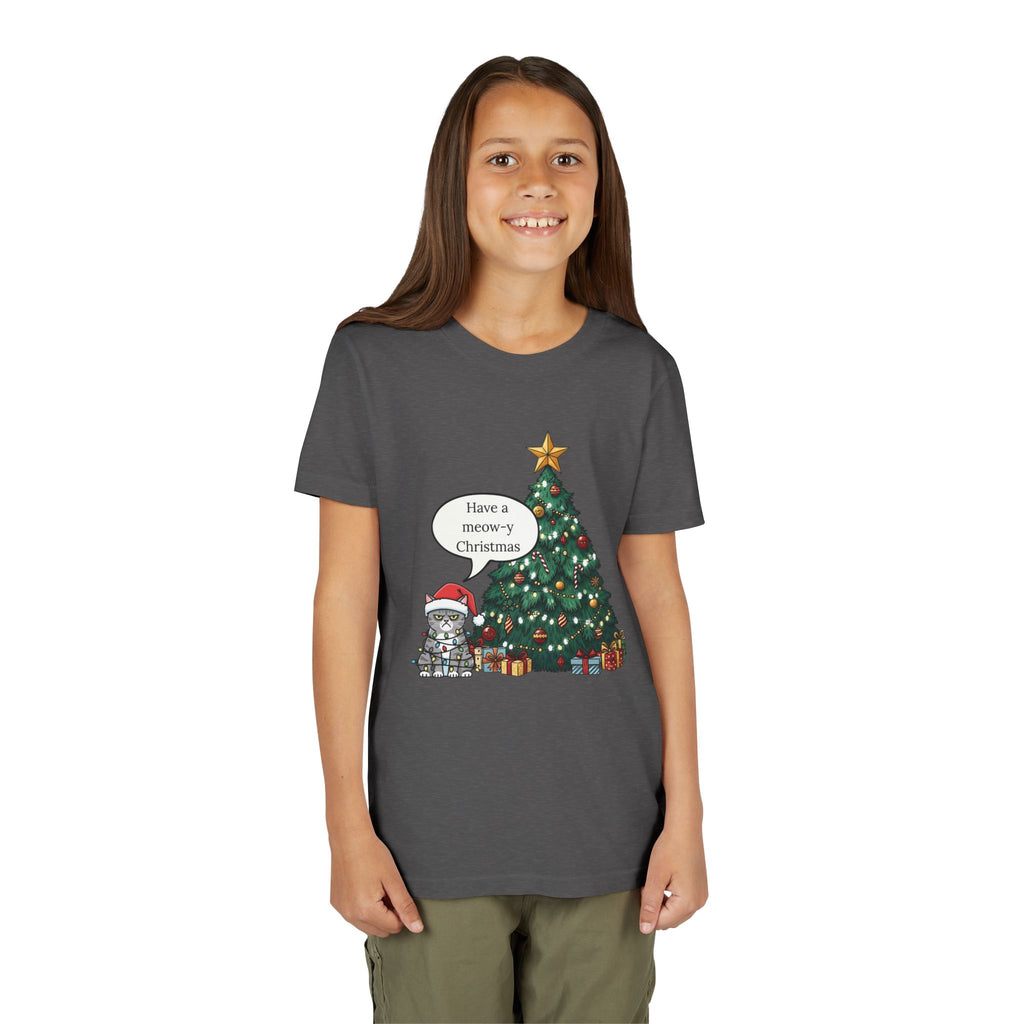 Youth Tee — "Have a Meowy Christmas" Cat & Christmas Tree Holiday Shirt