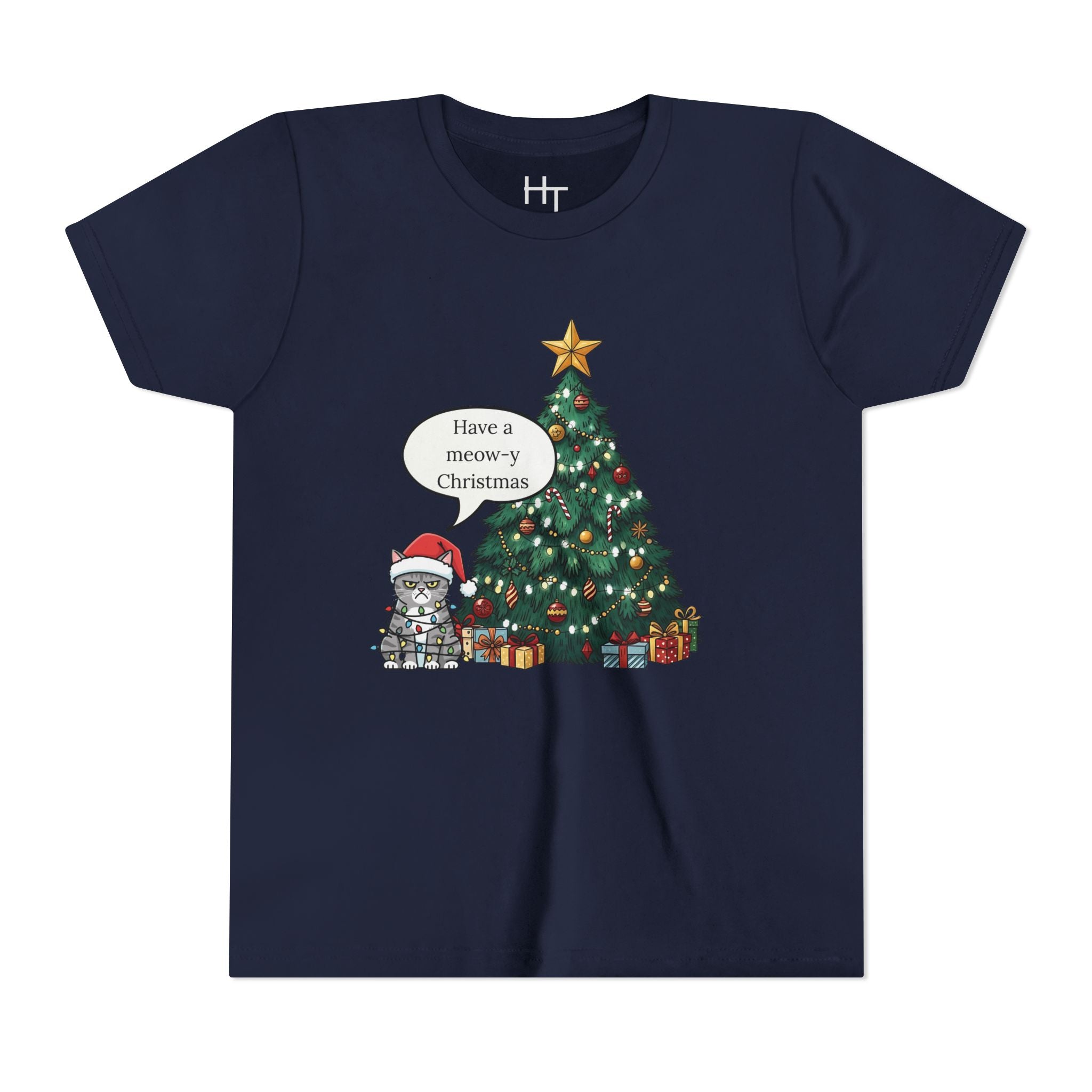 Youth Tee — "Have a Meowy Christmas" Cat & Christmas Tree Holiday Shirt
