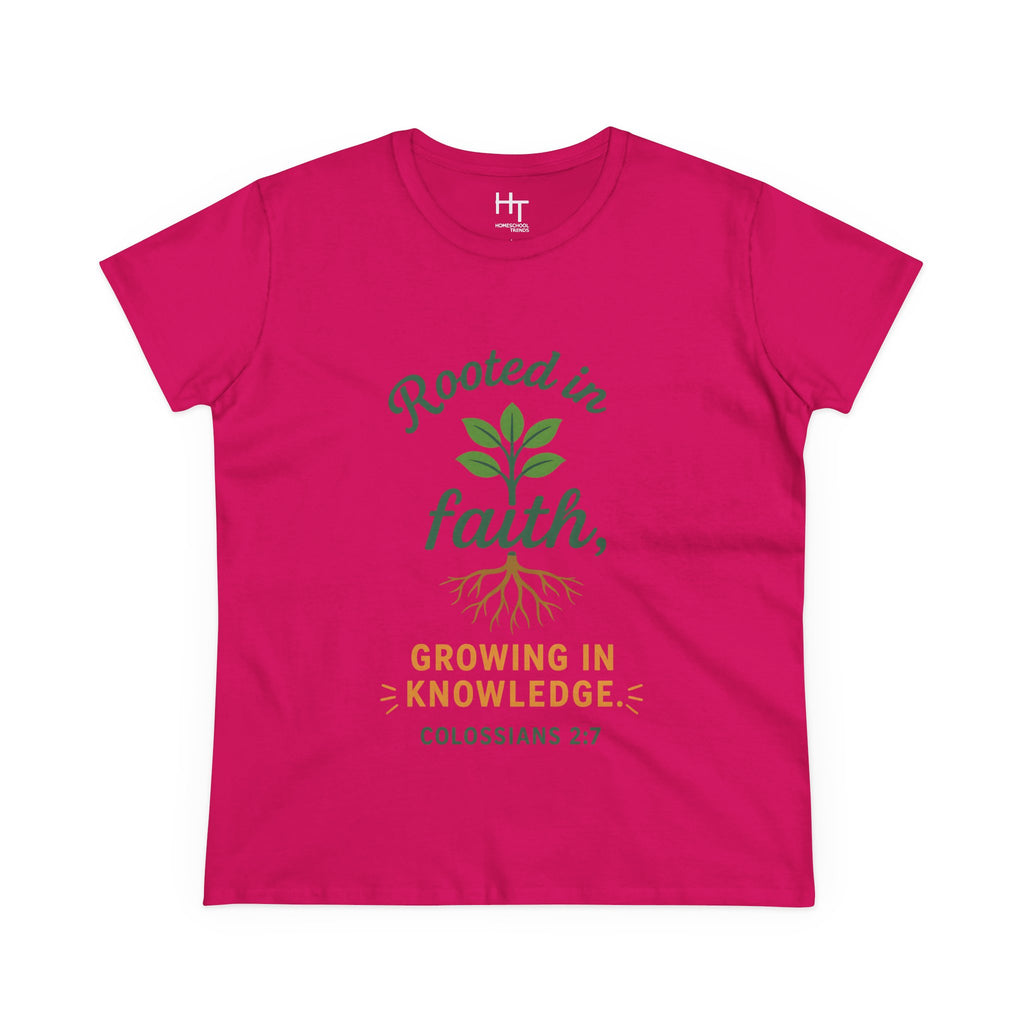 Rooted in Faith Women's Tee — "Growing in Knowledge" Colossians 2:7 Christian T-Shirt