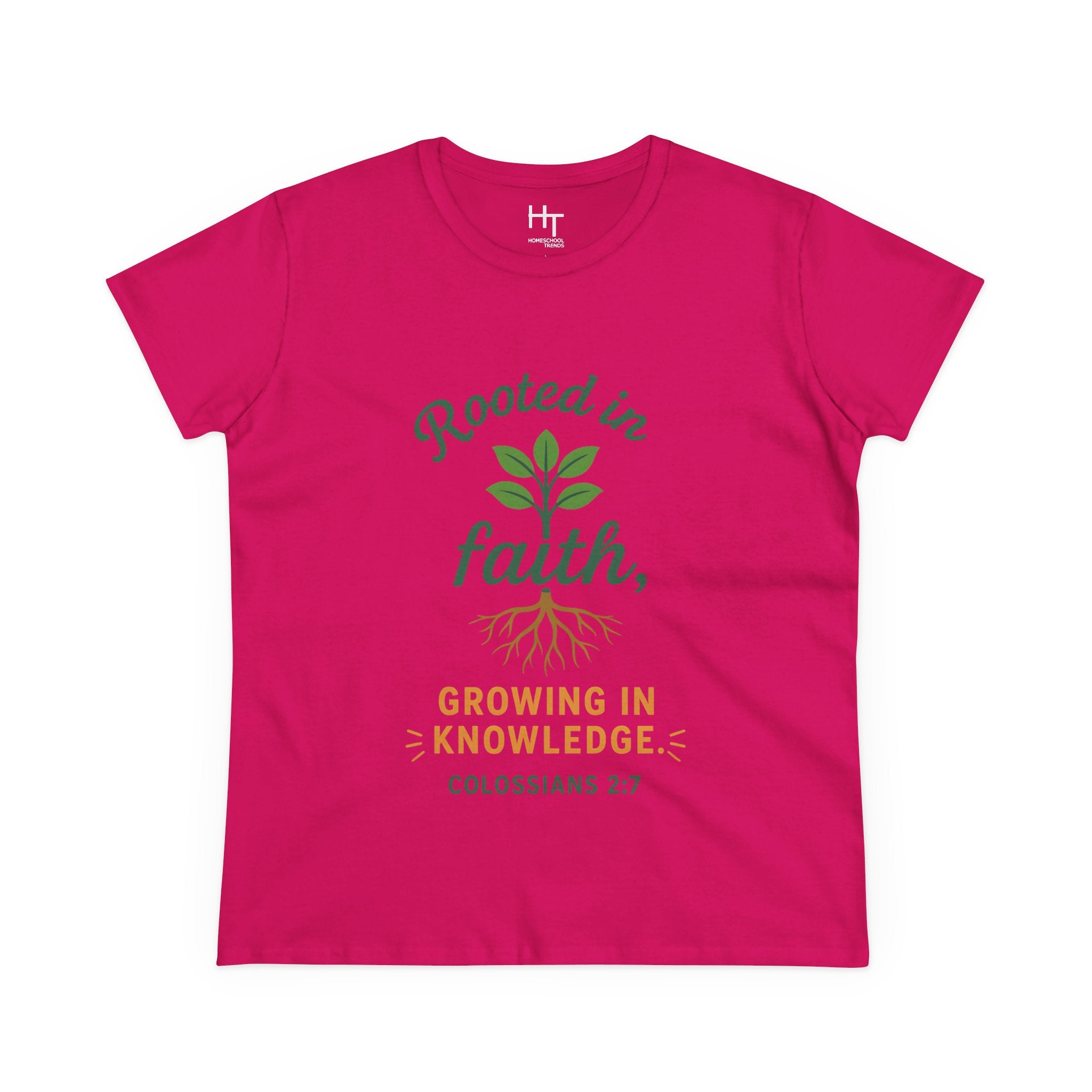 Rooted in Faith Women's Tee — "Growing in Knowledge" Colossians 2:7 Christian T-Shirt