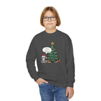 Youth Sweatshirt — Cute Kitty in Santa Hat Next to Decorated Christmas Tree (“Have a Meowy Christmas”)