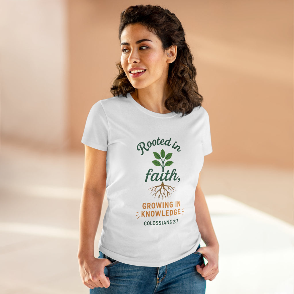 Rooted in Faith Women's Tee — "Growing in Knowledge" Colossians 2:7 Christian T-Shirt