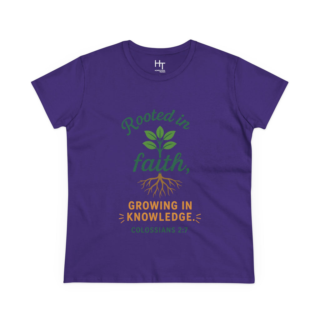 Rooted in Faith Women's Tee — "Growing in Knowledge" Colossians 2:7 Christian T-Shirt