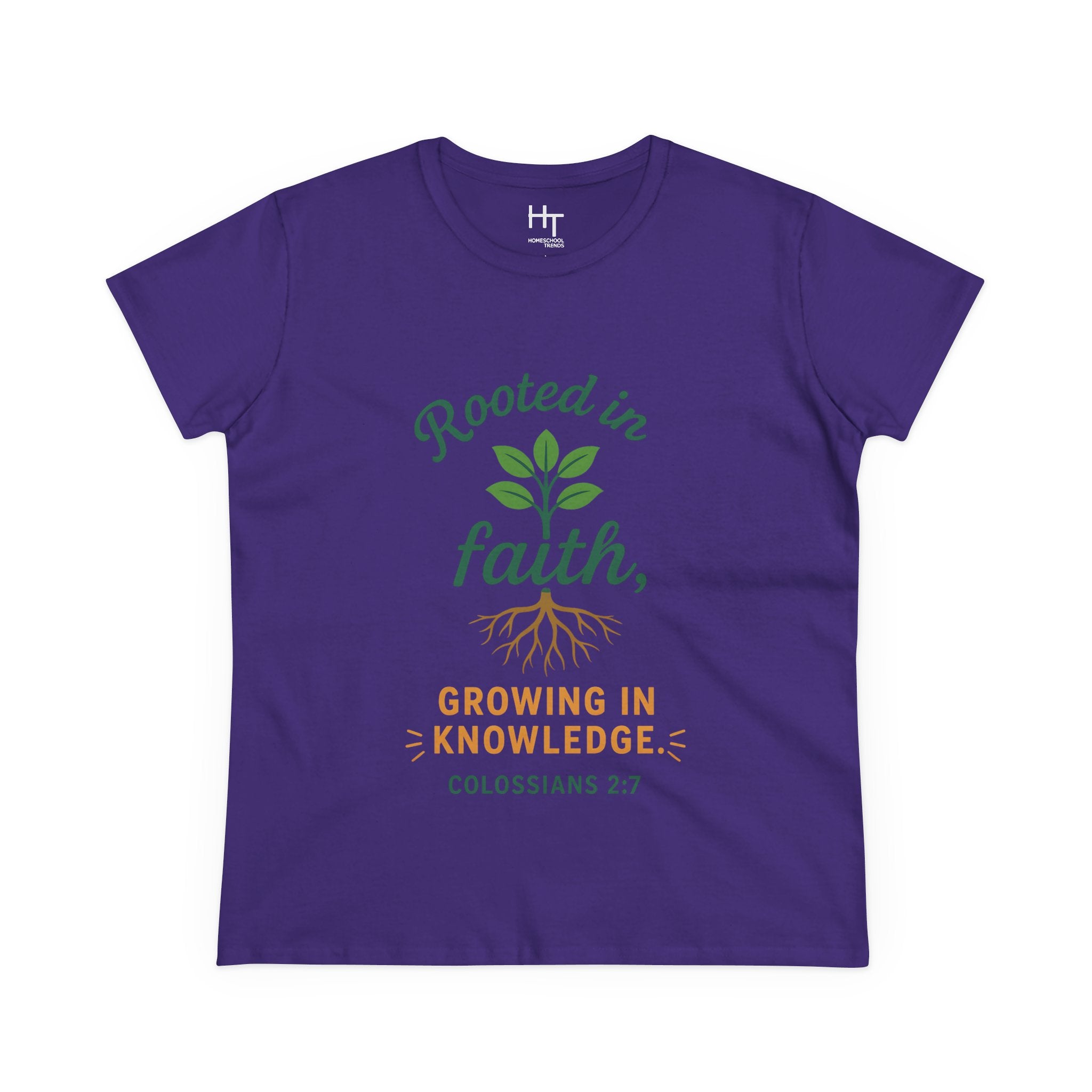 Rooted in Faith Women's Tee — "Growing in Knowledge" Colossians 2:7 Christian T-Shirt