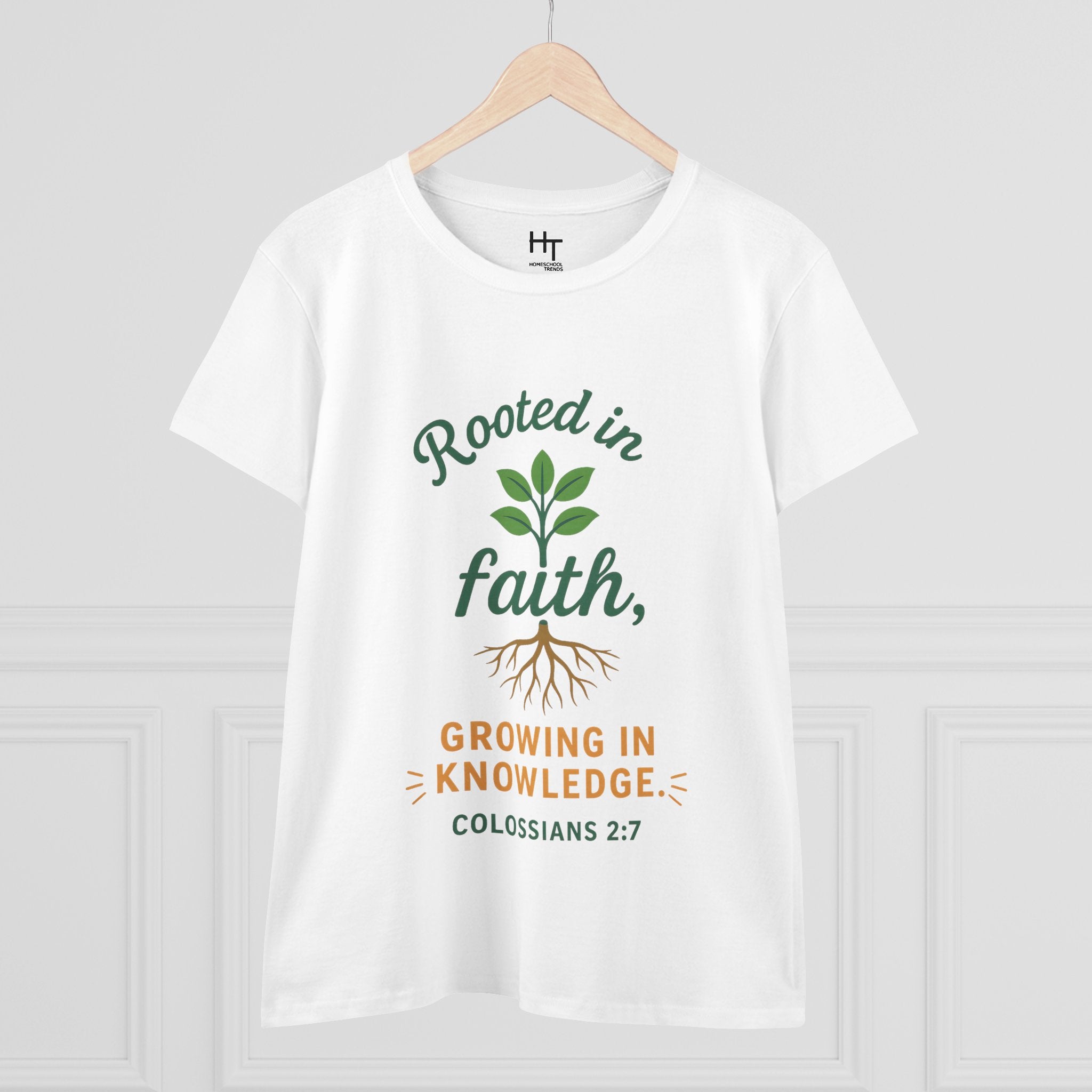 Rooted in Faith Women's Tee — "Growing in Knowledge" Colossians 2:7 Christian T-Shirt