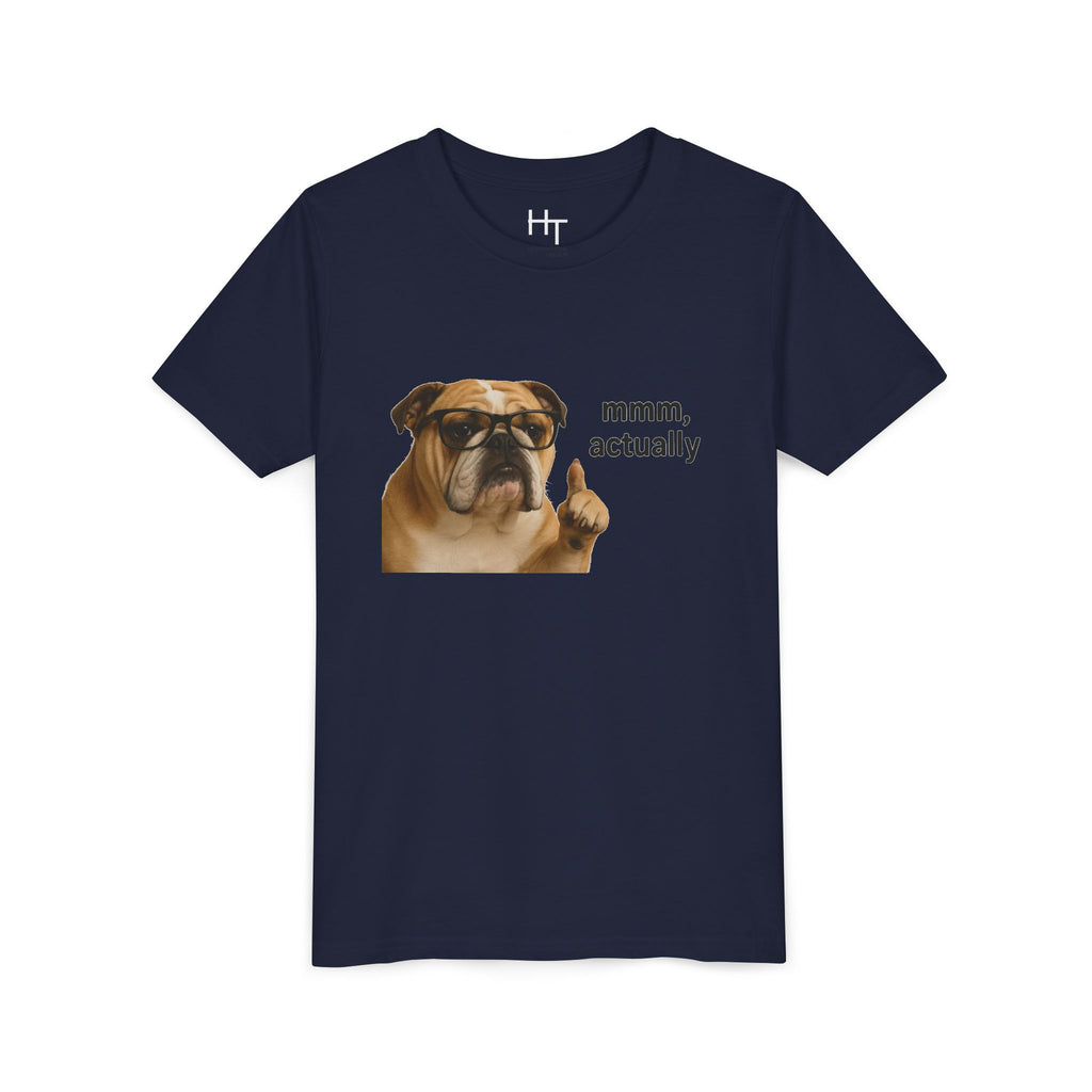Youth Tee — Funny Bulldog Graphic “mmm, actually” Kids Shirt