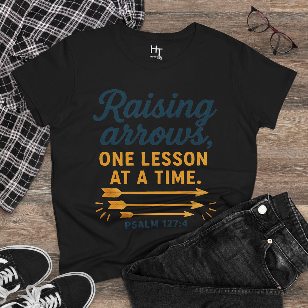 Raising Arrows T-Shirt — "Raising arrows, one lesson at a time. Psalm 127:4" Faith Mom Tee