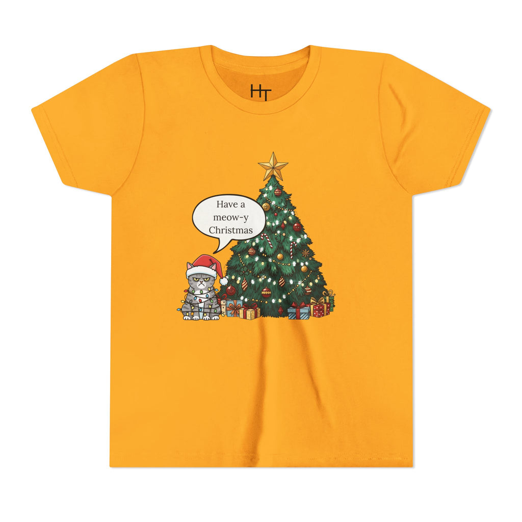 Youth Tee — "Have a Meowy Christmas" Cat & Christmas Tree Holiday Shirt