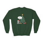 Youth Sweatshirt — Cute Kitty in Santa Hat Next to Decorated Christmas Tree (“Have a Meowy Christmas”)