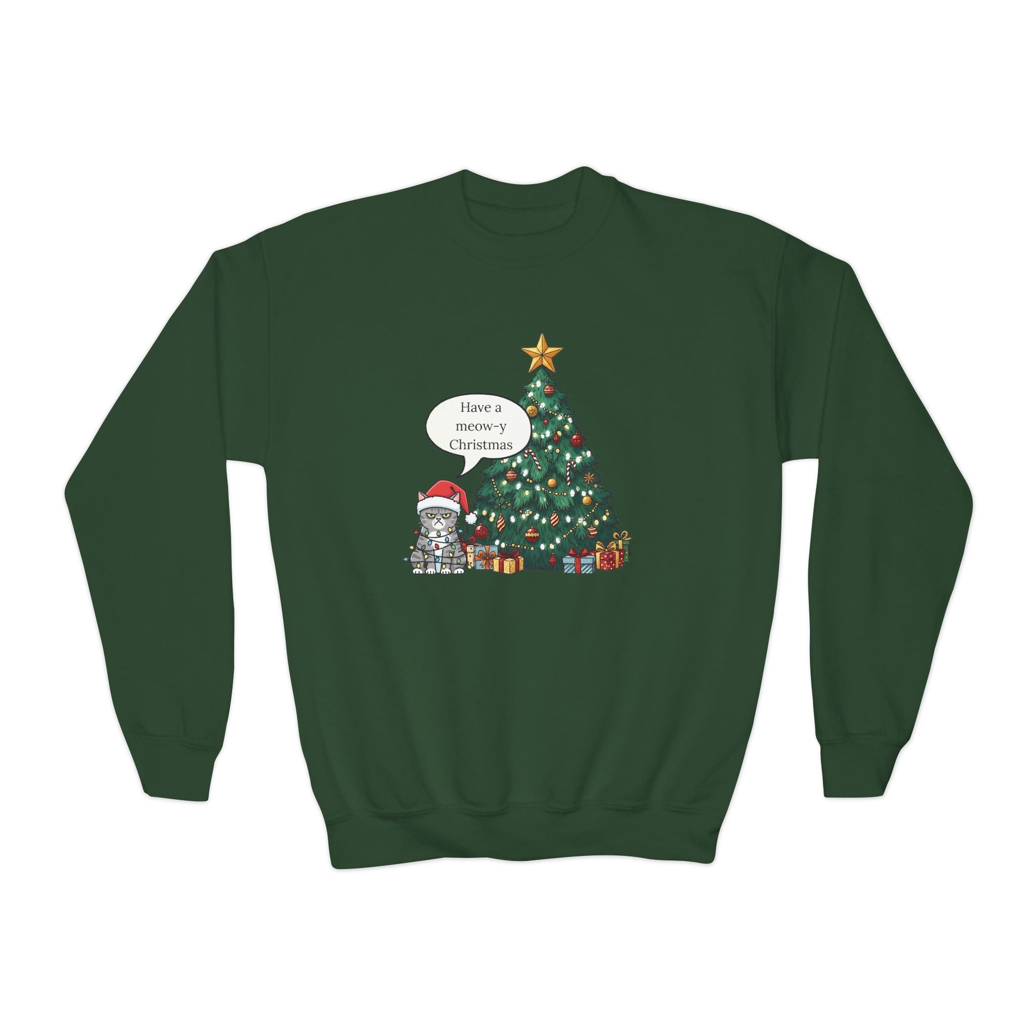 Youth Sweatshirt — Cute Kitty in Santa Hat Next to Decorated Christmas Tree (“Have a Meowy Christmas”)