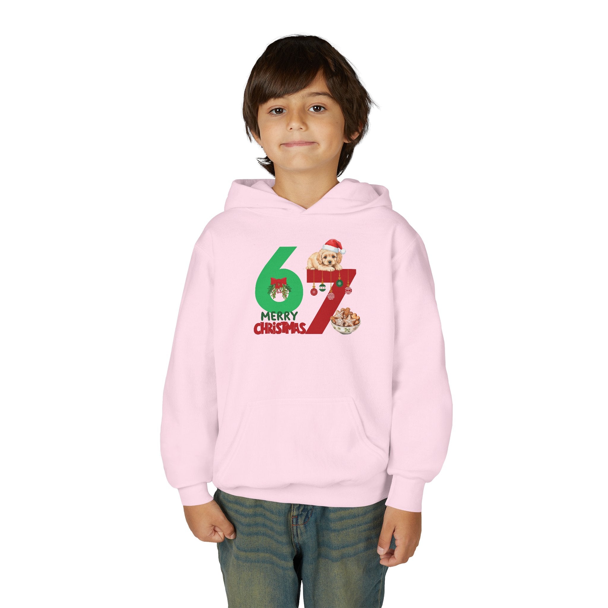 Youth Christmas Hoodie "67 Merry Christmas" Cute Santa Puppy Design
