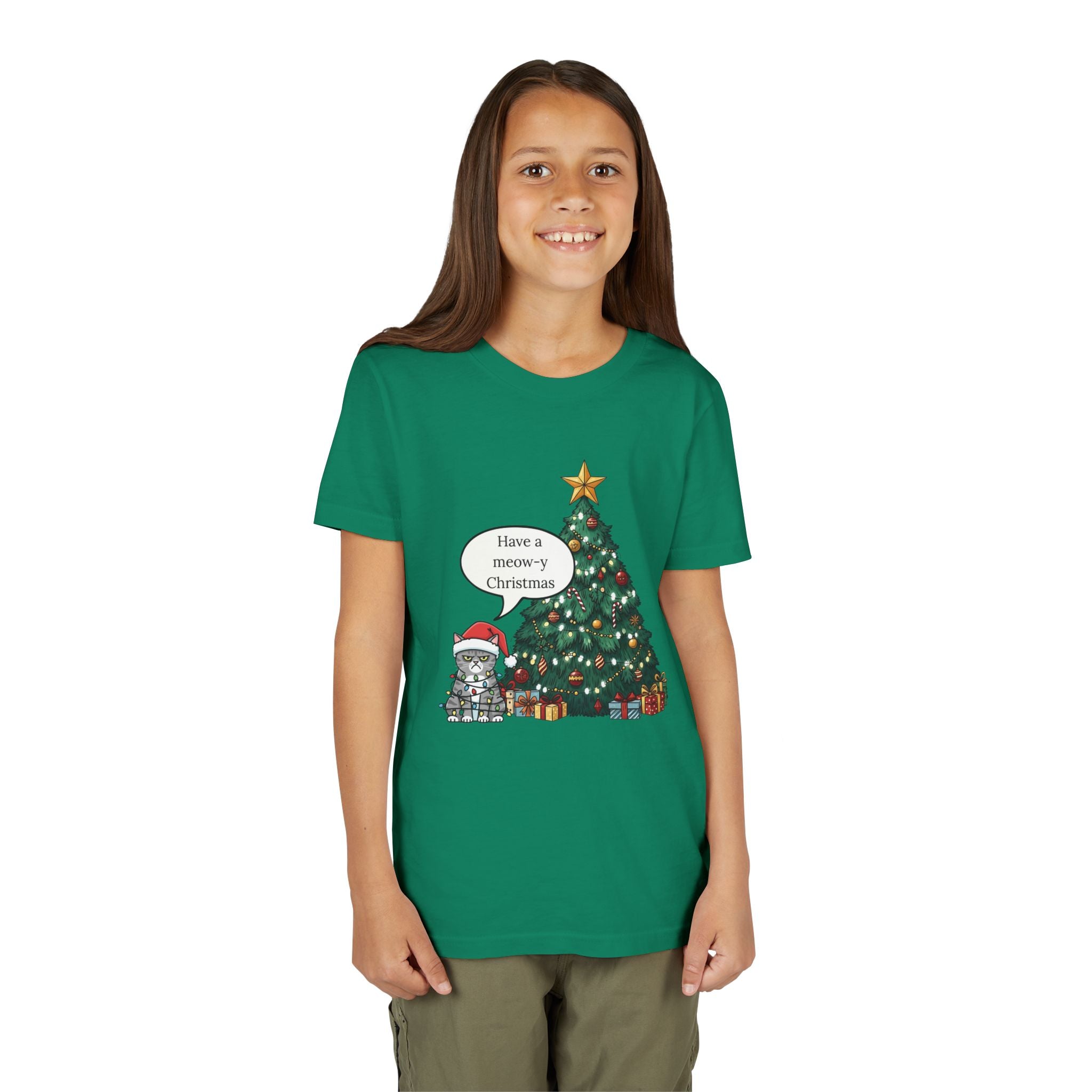 Youth Tee — "Have a Meowy Christmas" Cat & Christmas Tree Holiday Shirt