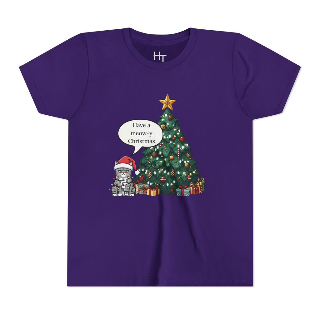 Youth Tee — "Have a Meowy Christmas" Cat & Christmas Tree Holiday Shirt