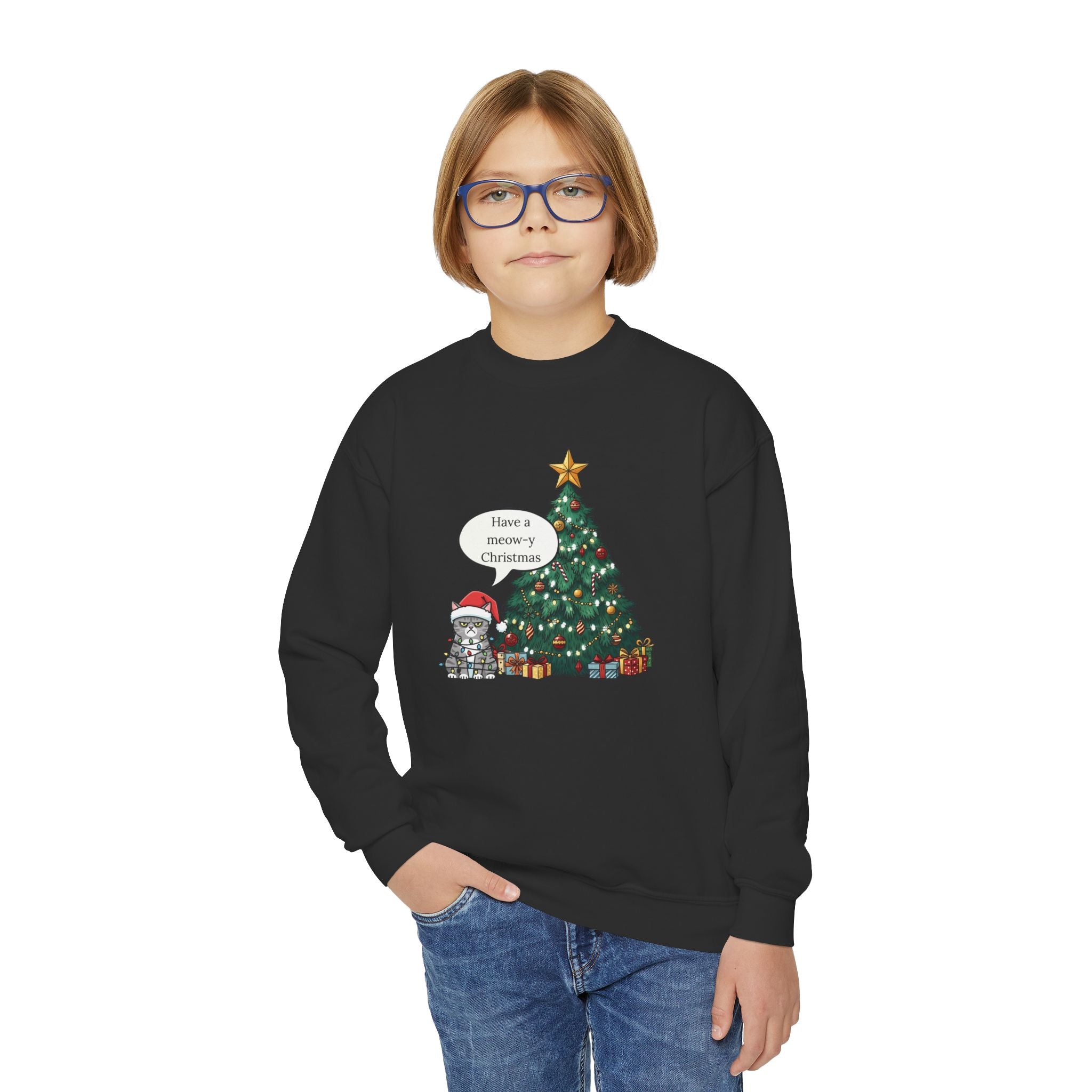 Youth Sweatshirt — Cute Kitty in Santa Hat Next to Decorated Christmas Tree (“Have a Meowy Christmas”)