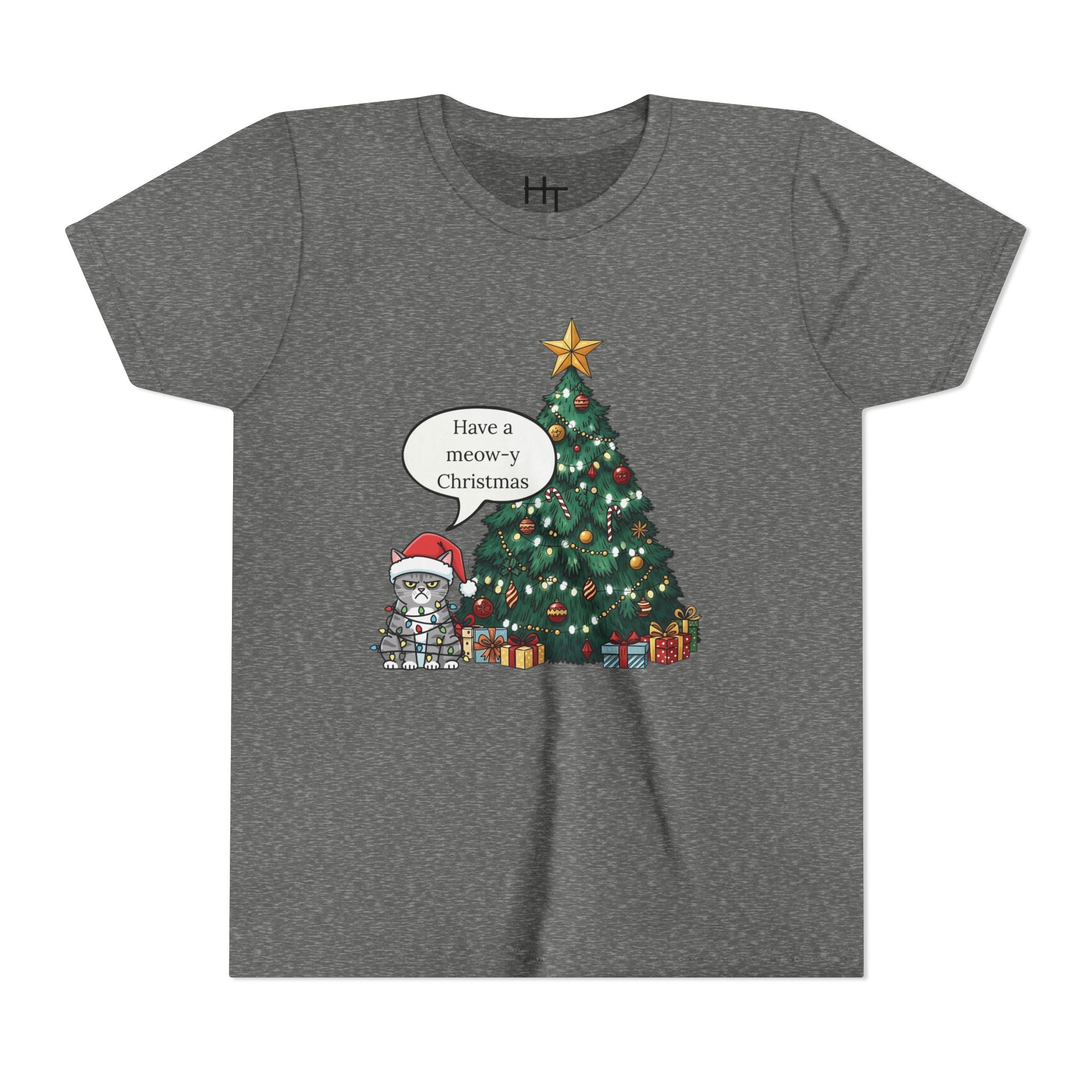 Youth Tee — "Have a Meowy Christmas" Cat & Christmas Tree Holiday Shirt