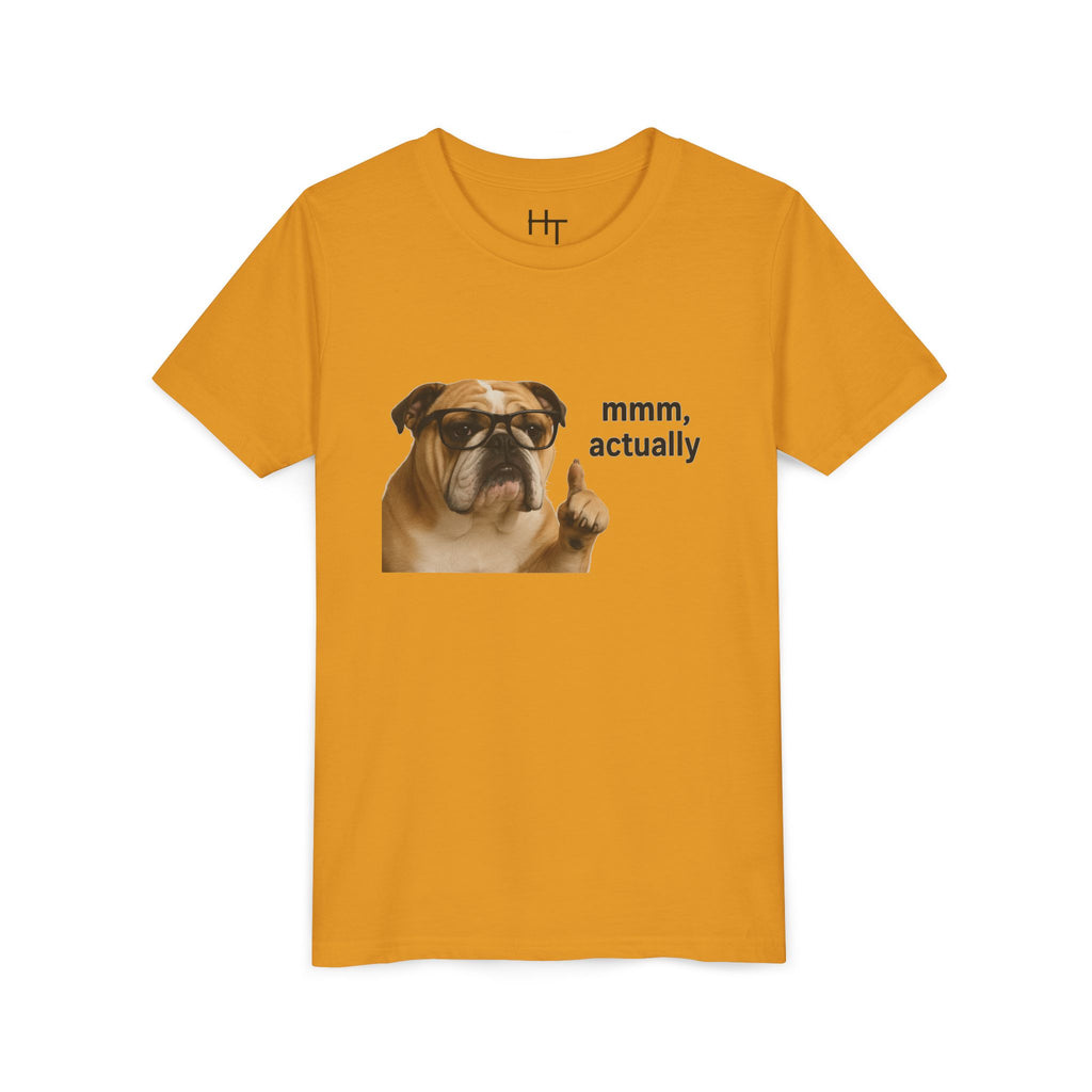 Youth Tee — Funny Bulldog Graphic “mmm, actually” Kids Shirt