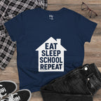 Eat Sleep School Repeat T-Shirt — Women’s Casual Graphic Tee for Homeschoolers