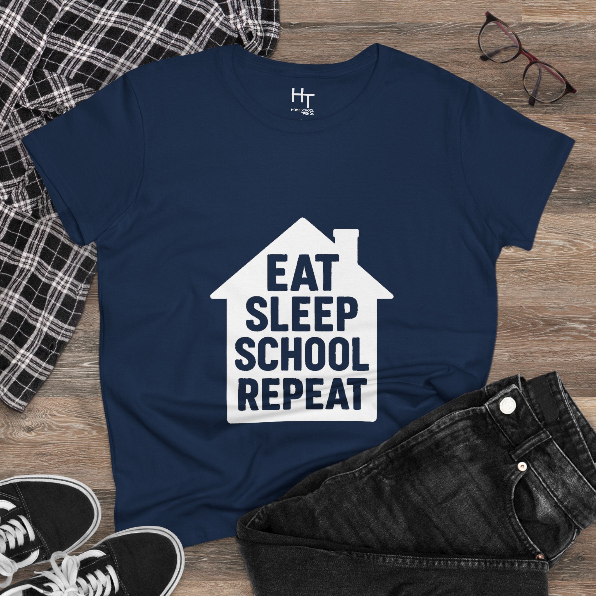Eat Sleep School Repeat T-Shirt — Women’s Casual Graphic Tee for Homeschoolers