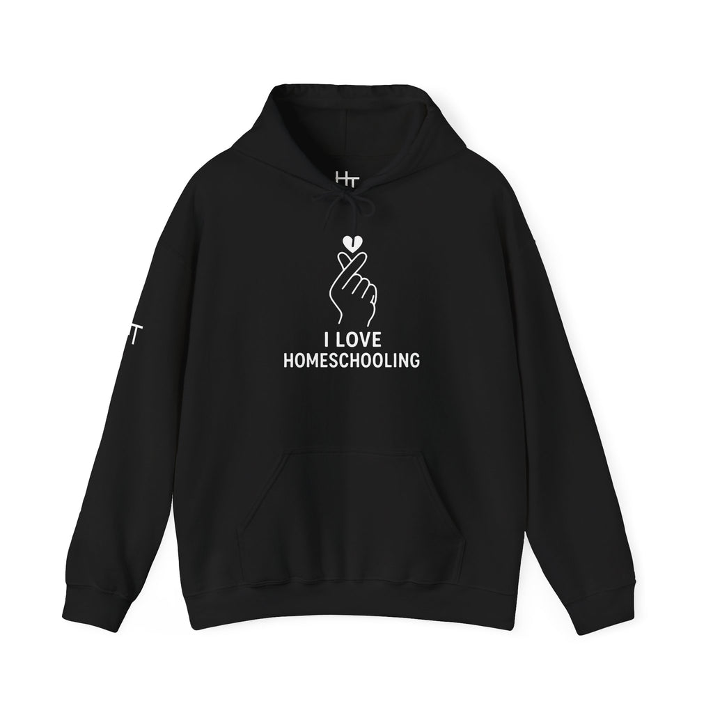 I Love Homeschooling Adult Hoodie — Minimal Heart Finger Design for Homeschool Students/Parents