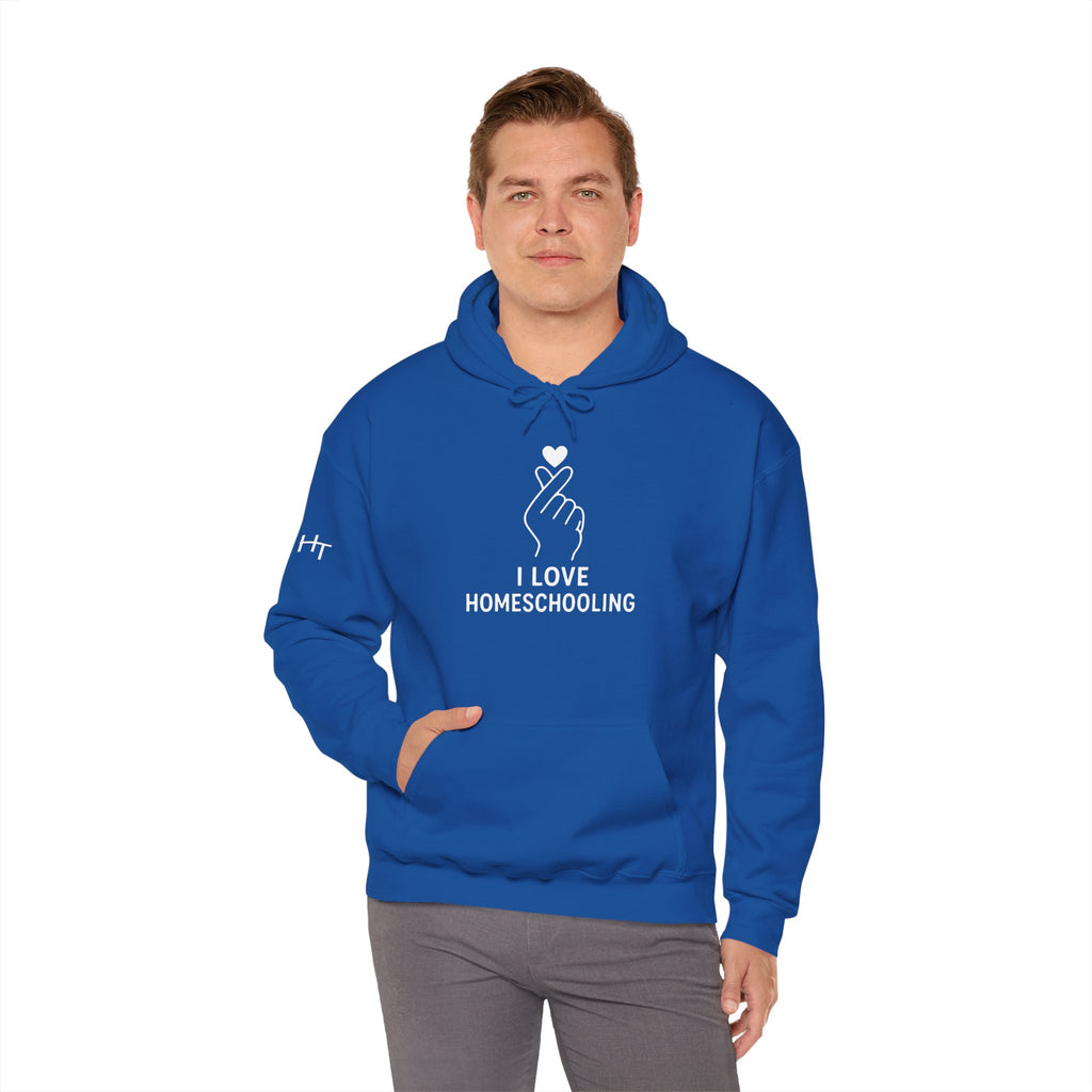 I Love Homeschooling Adult Hoodie — Minimal Heart Finger Design for Homeschool Students/Parents