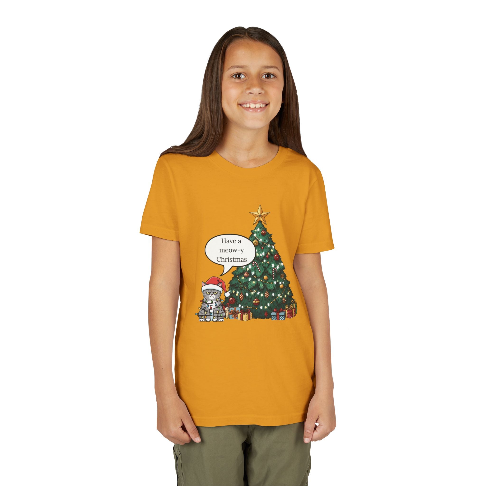 Youth Tee — "Have a Meowy Christmas" Cat & Christmas Tree Holiday Shirt