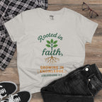 Rooted in Faith Women's Tee — "Growing in Knowledge" Colossians 2:7 Christian T-Shirt
