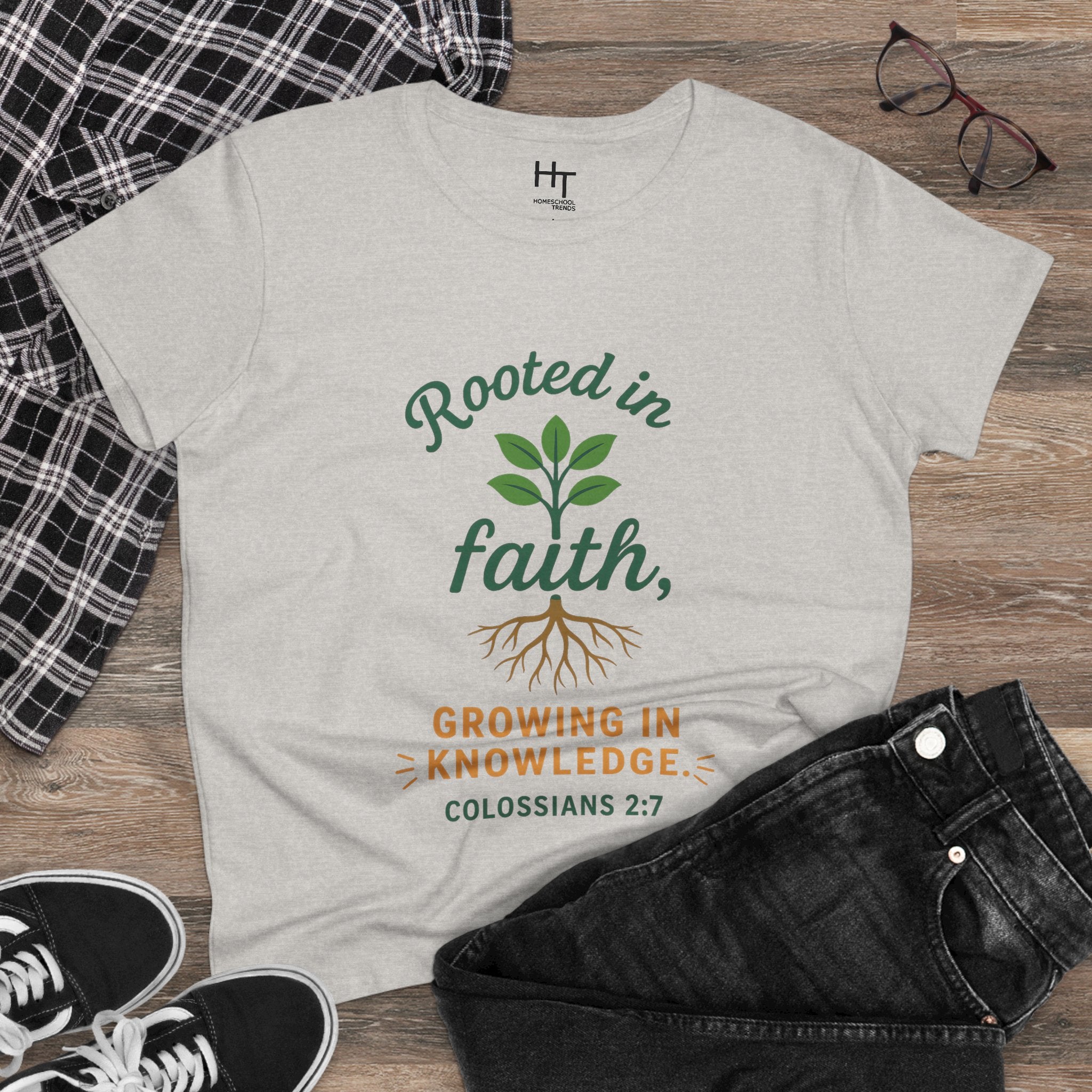Rooted in Faith Women's Tee — "Growing in Knowledge" Colossians 2:7 Christian T-Shirt