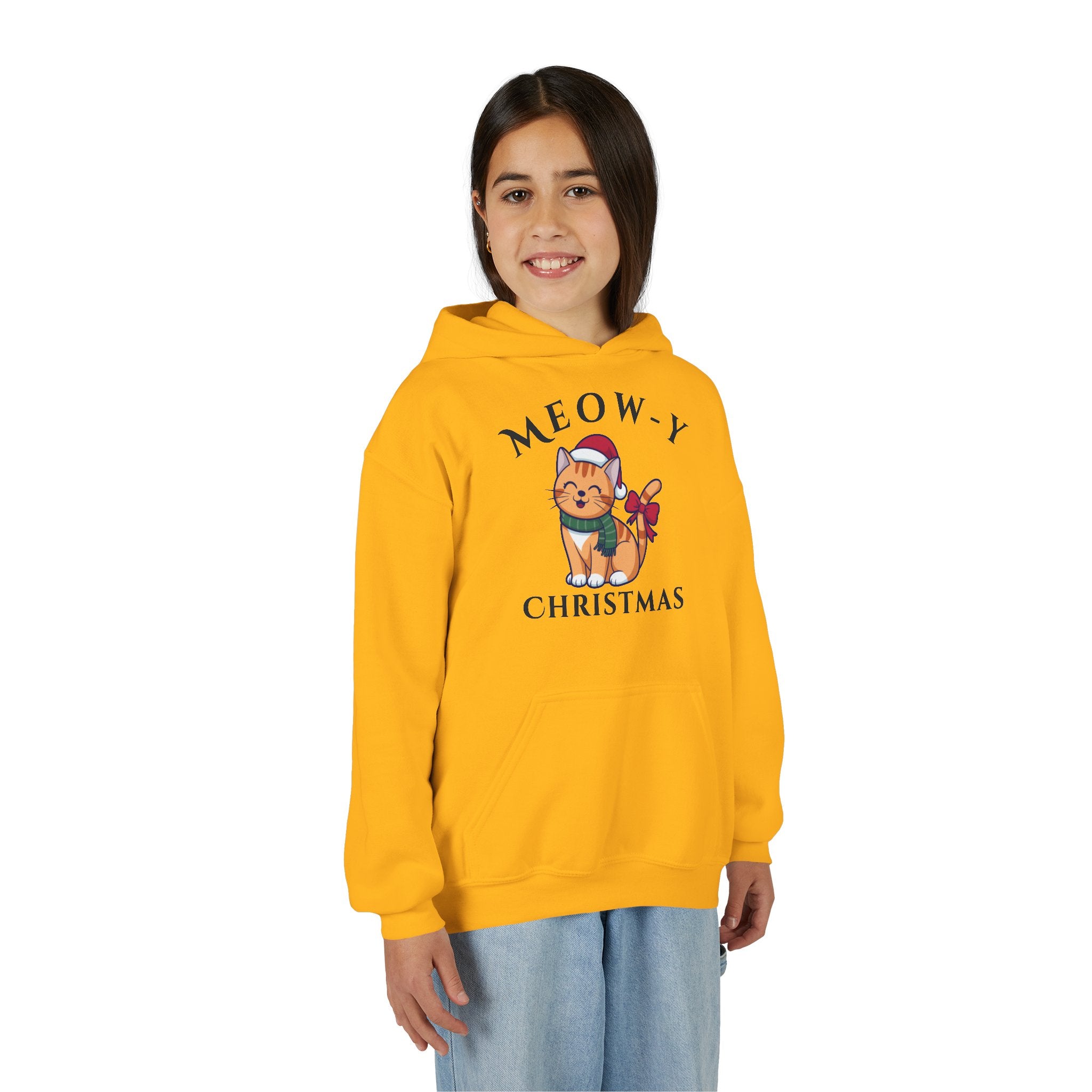 Meowy Christmas Youth Hoodie — Cute Cat Santa Holiday Sweatshirt