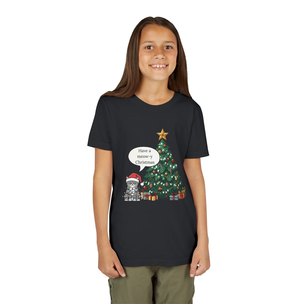 Youth Tee — "Have a Meowy Christmas" Cat & Christmas Tree Holiday Shirt