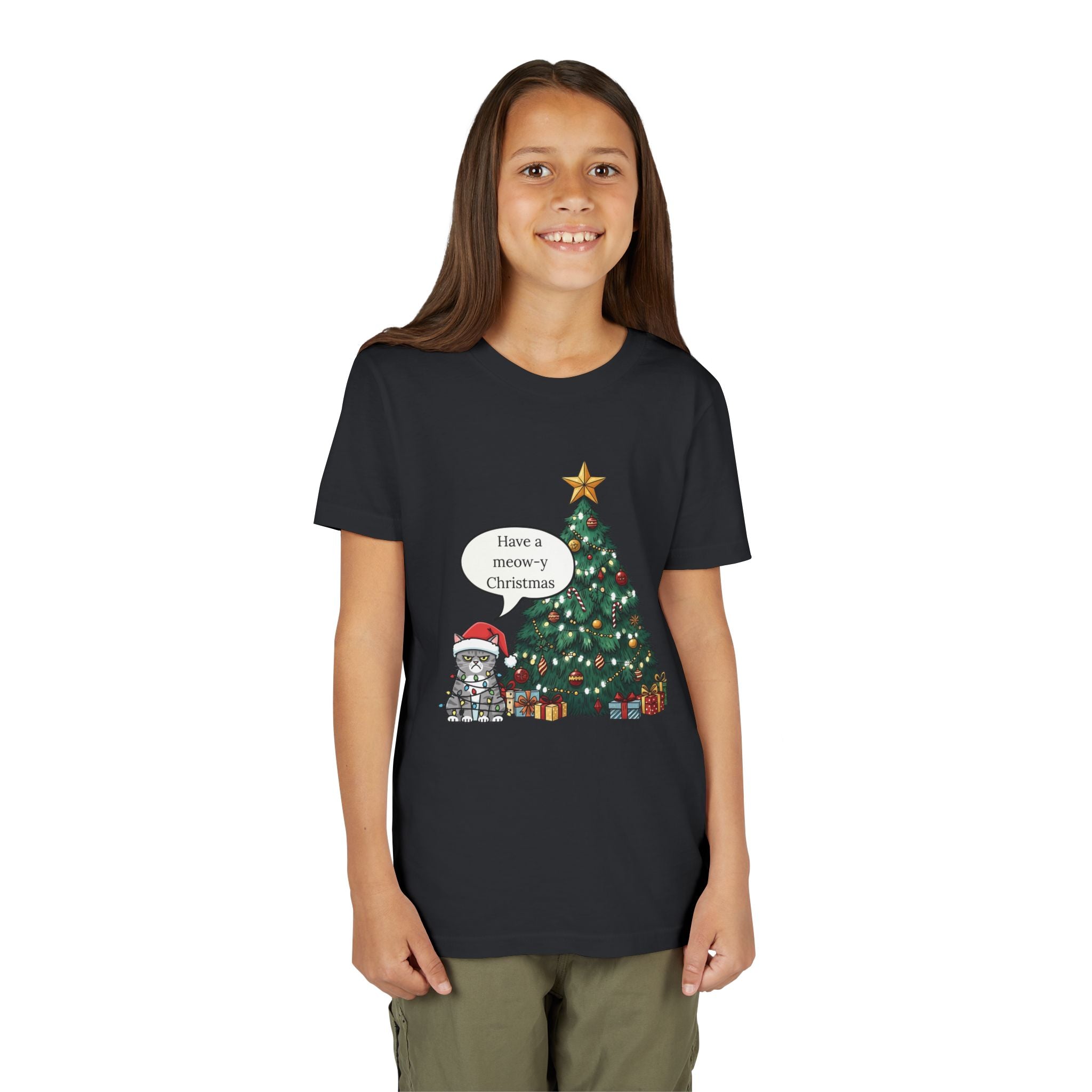 Youth Tee — "Have a Meowy Christmas" Cat & Christmas Tree Holiday Shirt