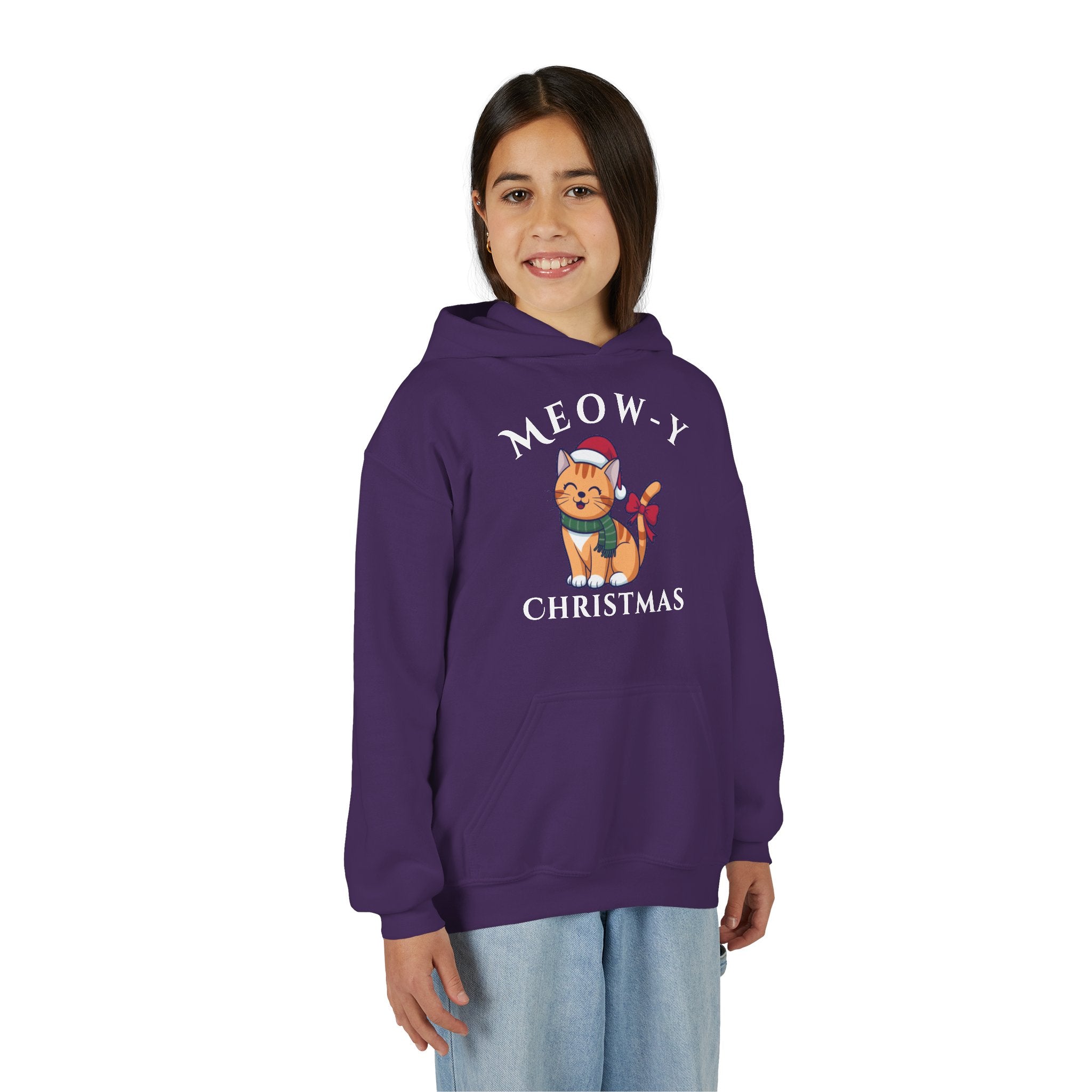 Meowy Christmas Youth Hoodie — Cute Cat Santa Holiday Sweatshirt
