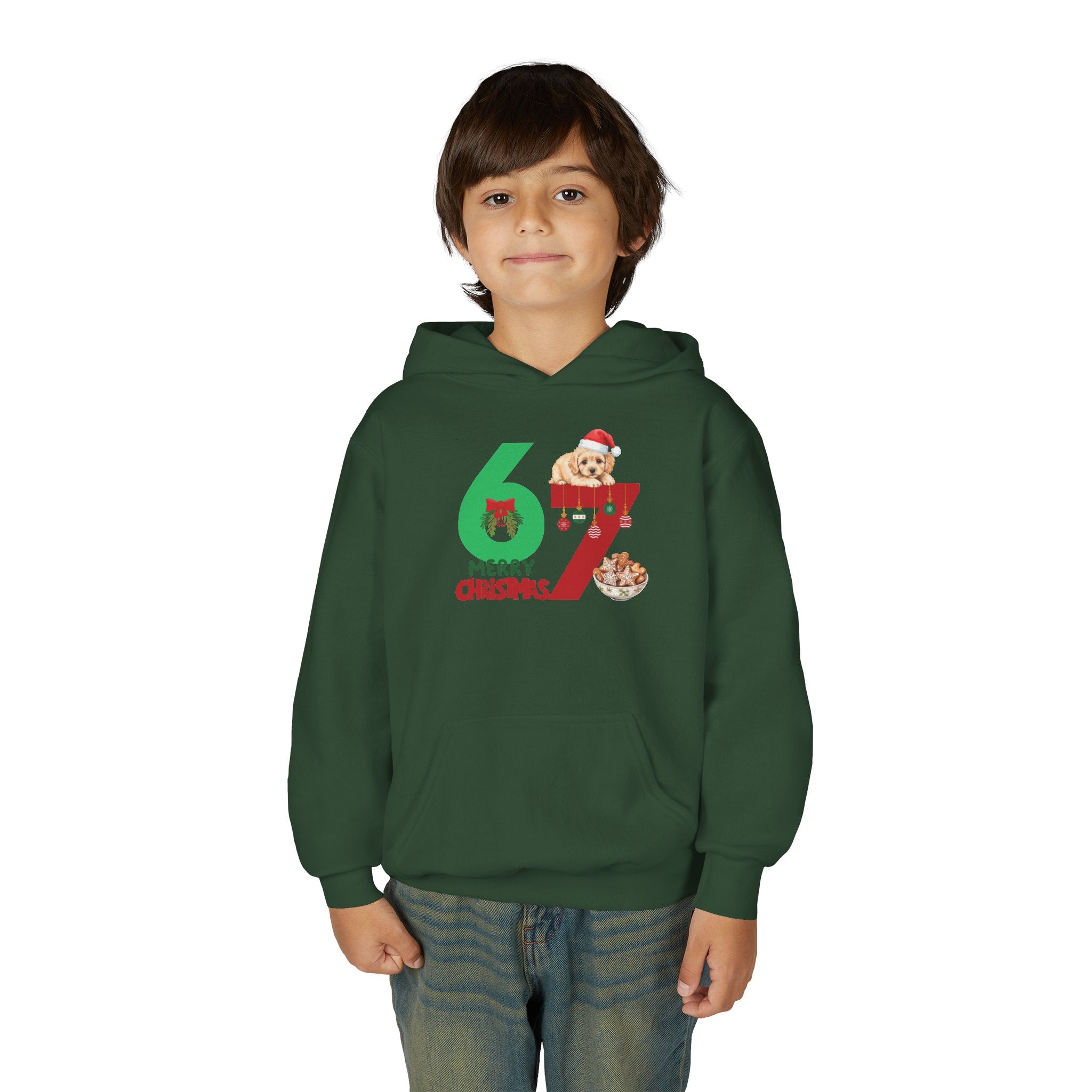 Youth Christmas Hoodie "67 Merry Christmas" Cute Santa Puppy Design