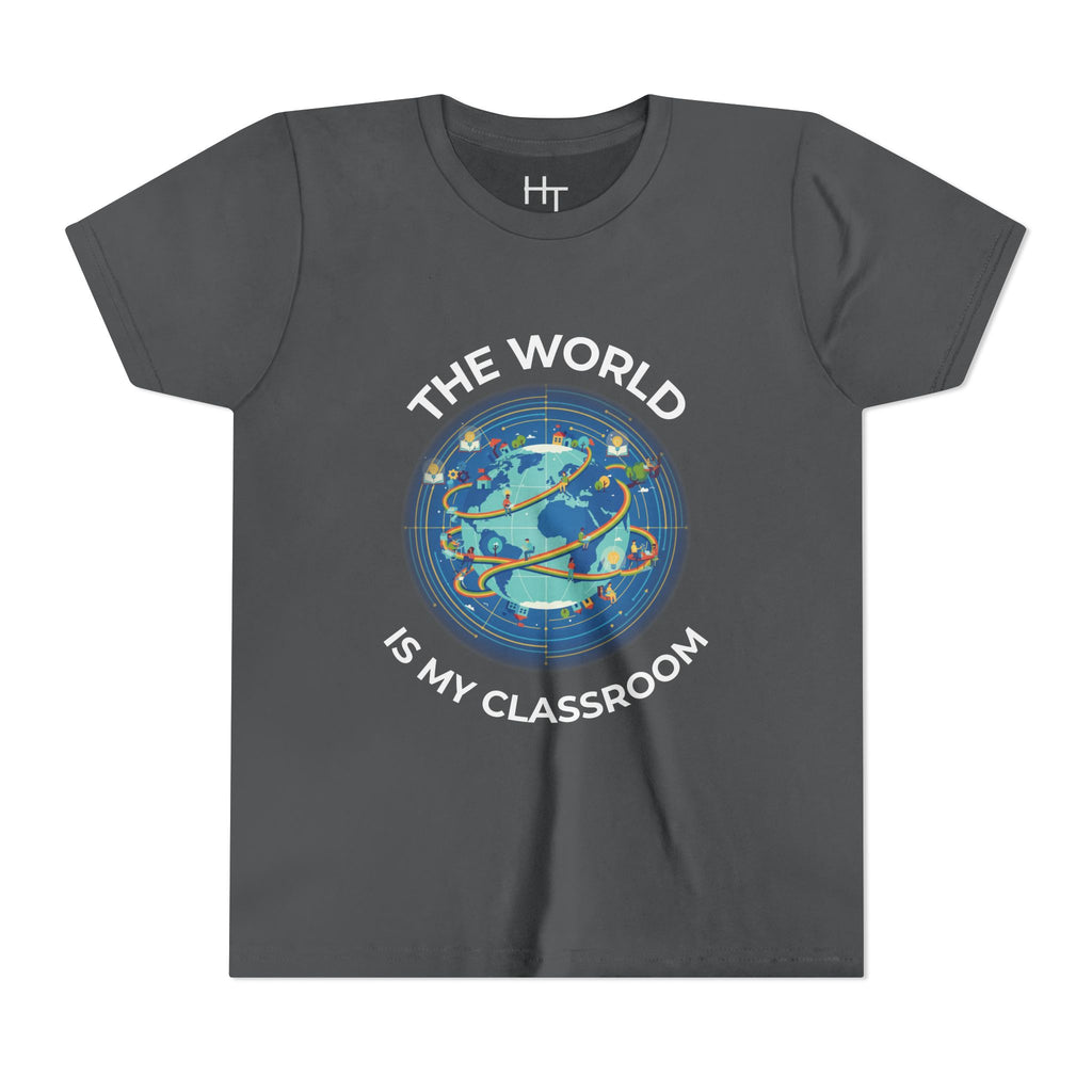 Youth T‑Shirt — "The World Is My Classroom" Globe Tee for Young Explorers
