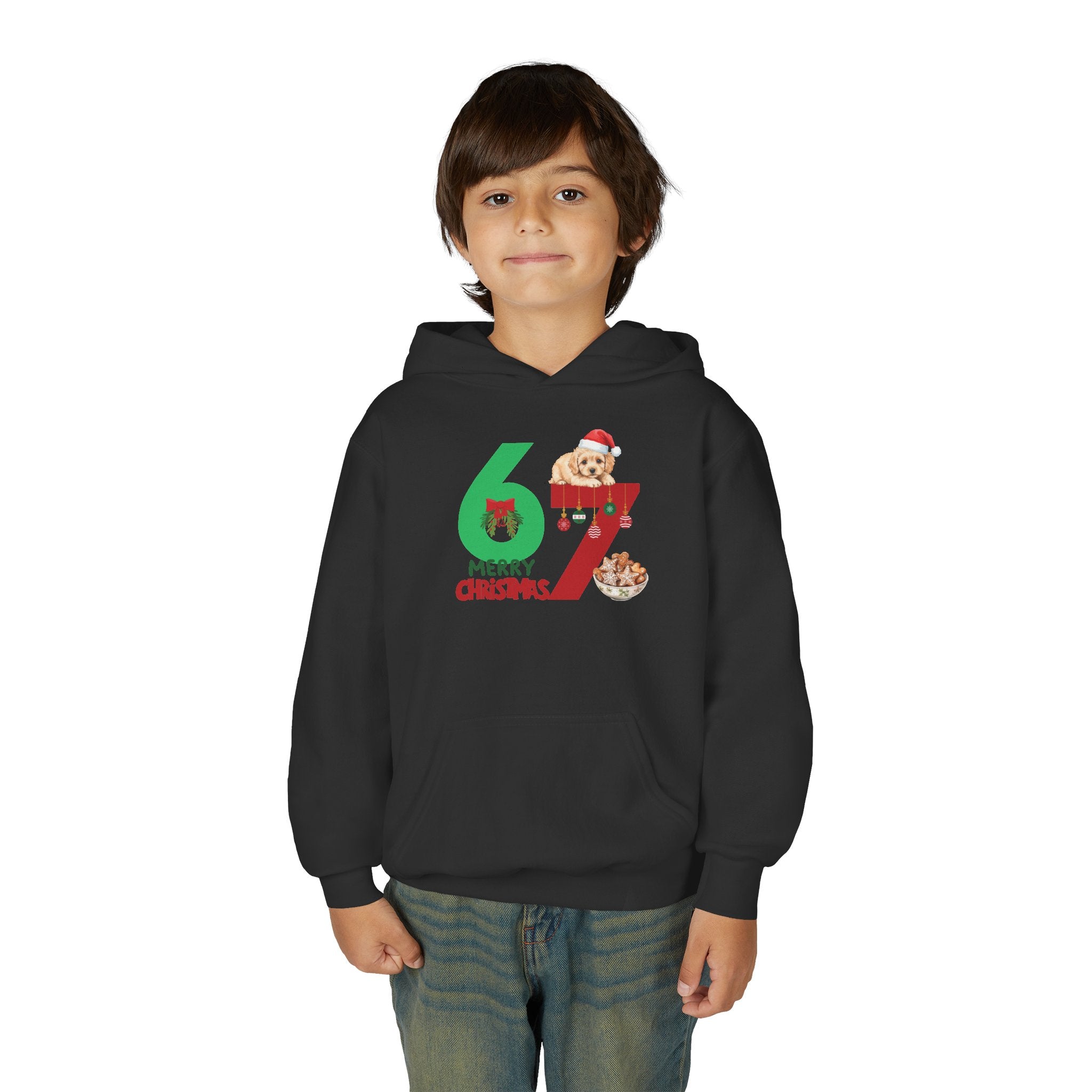Youth Christmas Hoodie "67 Merry Christmas" Cute Santa Puppy Design