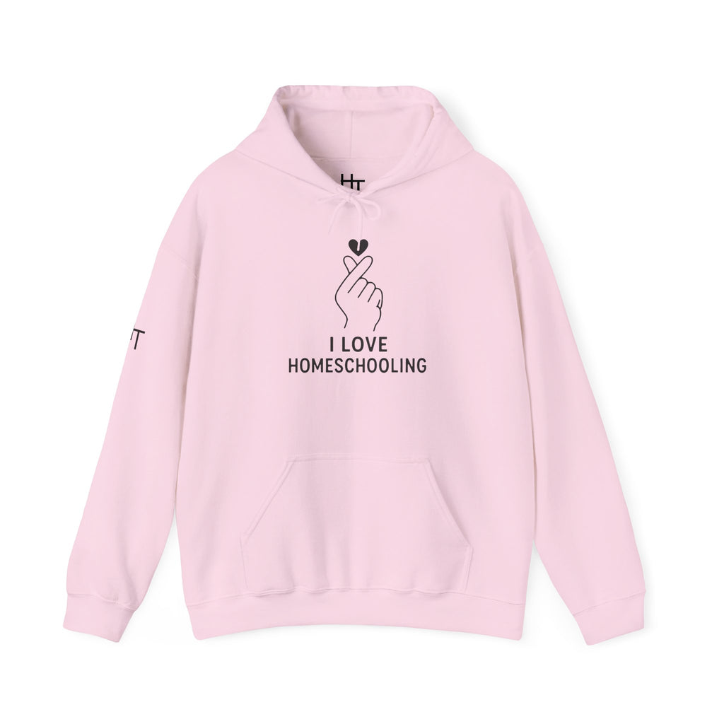 I Love Homeschooling Adult Hoodie — Minimal Heart Finger Design for Homeschool Students/Parents