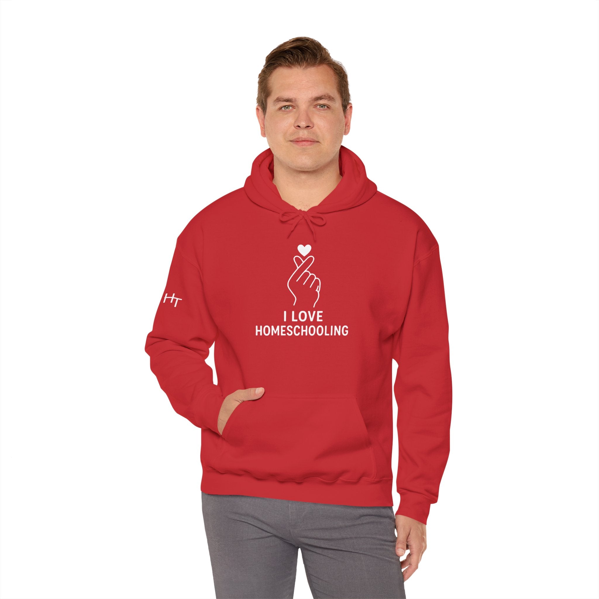 I Love Homeschooling Adult Hoodie — Minimal Heart Finger Design for Homeschool Students/Parents