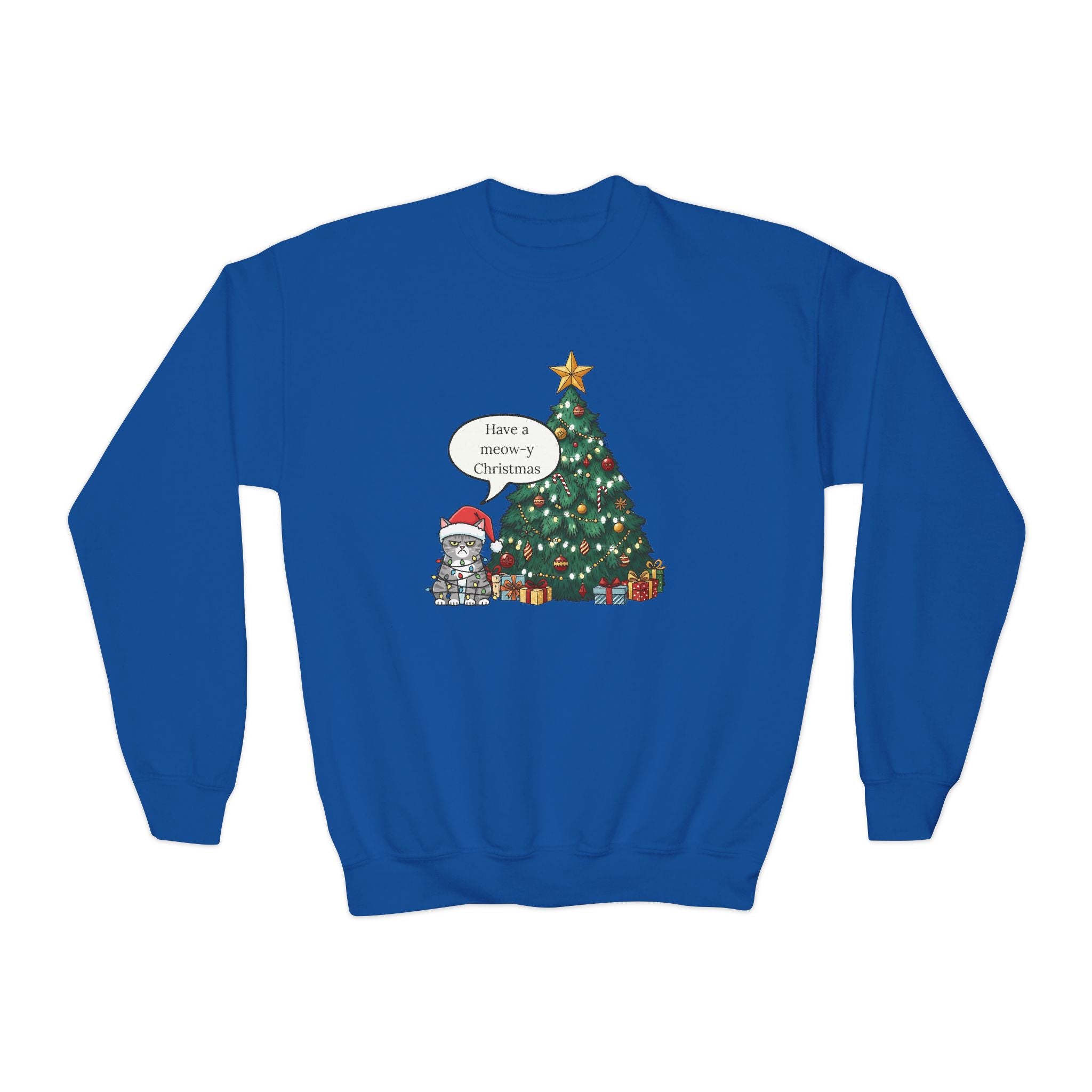 Youth Sweatshirt — Cute Kitty in Santa Hat Next to Decorated Christmas Tree (“Have a Meowy Christmas”)