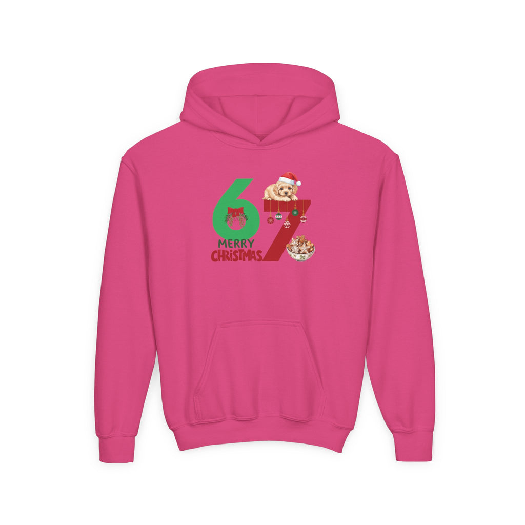 Youth Christmas Hoodie "67 Merry Christmas" Cute Santa Puppy Design