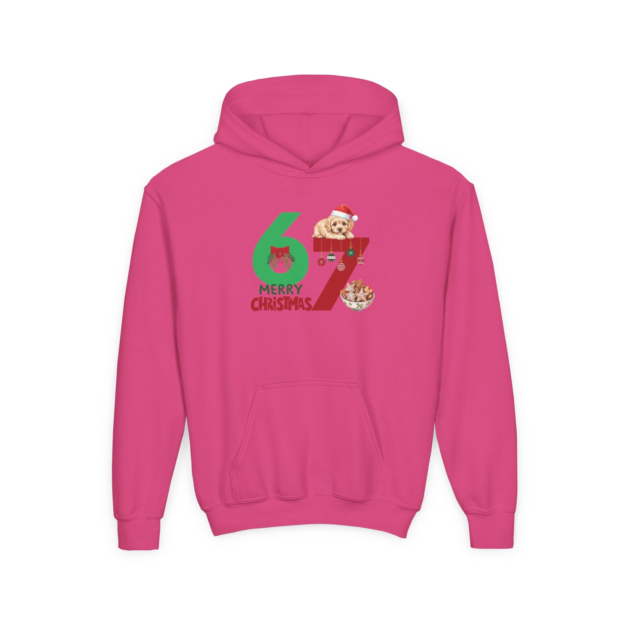 Youth Christmas Hoodie "67 Merry Christmas" Cute Santa Puppy Design