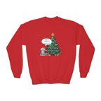 Youth Sweatshirt — Cute Kitty in Santa Hat Next to Decorated Christmas Tree (“Have a Meowy Christmas”)