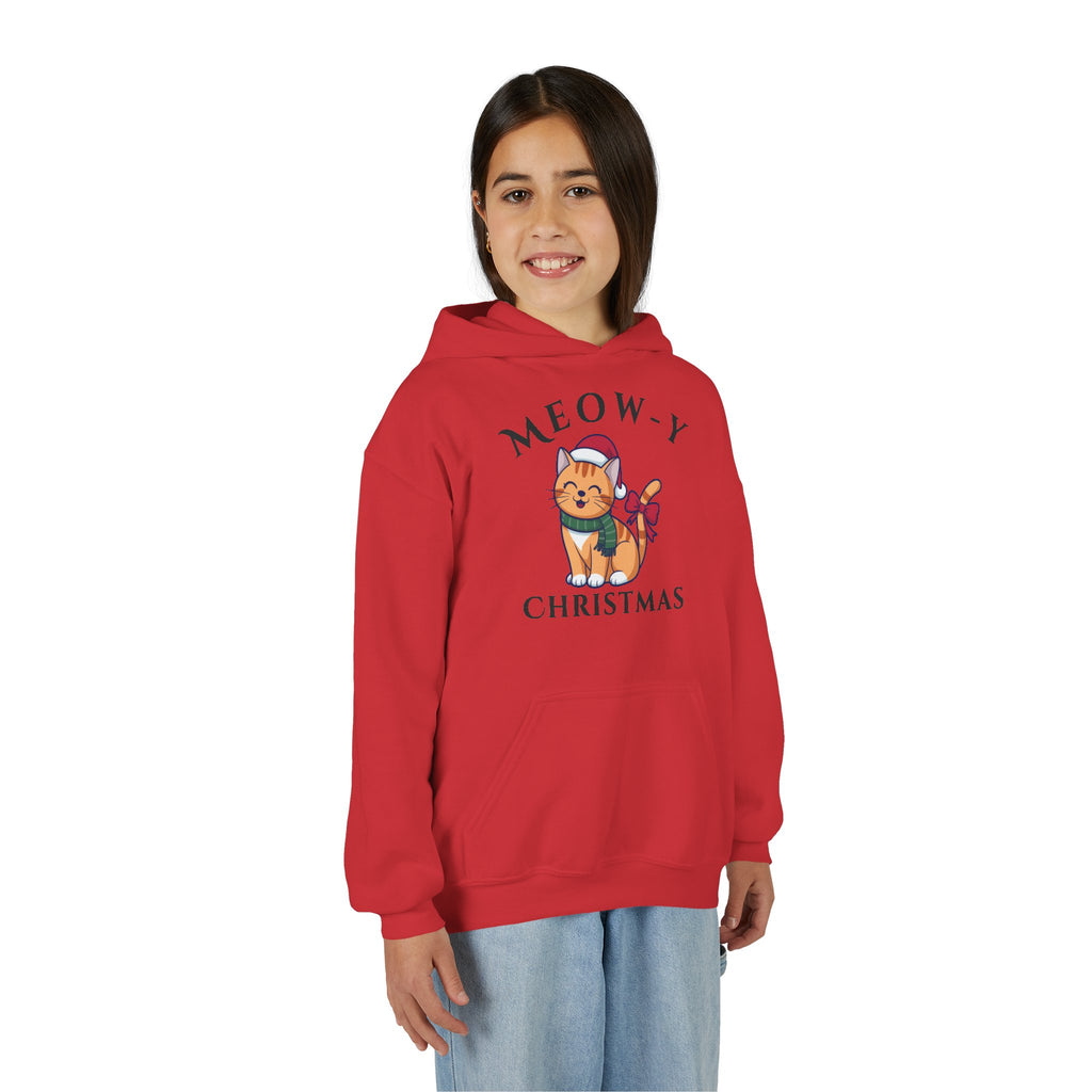Meowy Christmas Youth Hoodie — Cute Cat Santa Holiday Sweatshirt