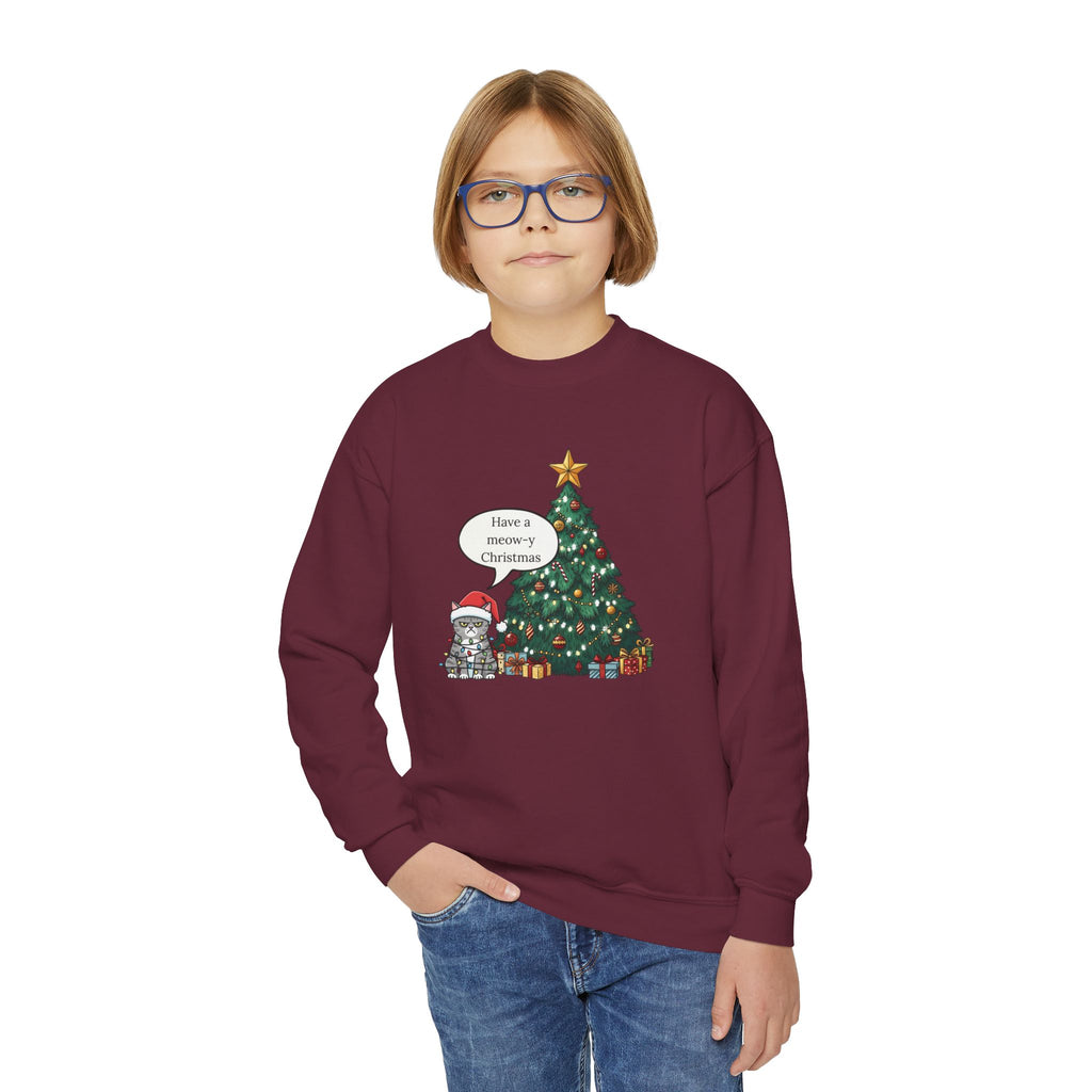 Youth Sweatshirt — Cute Kitty in Santa Hat Next to Decorated Christmas Tree (“Have a Meowy Christmas”)