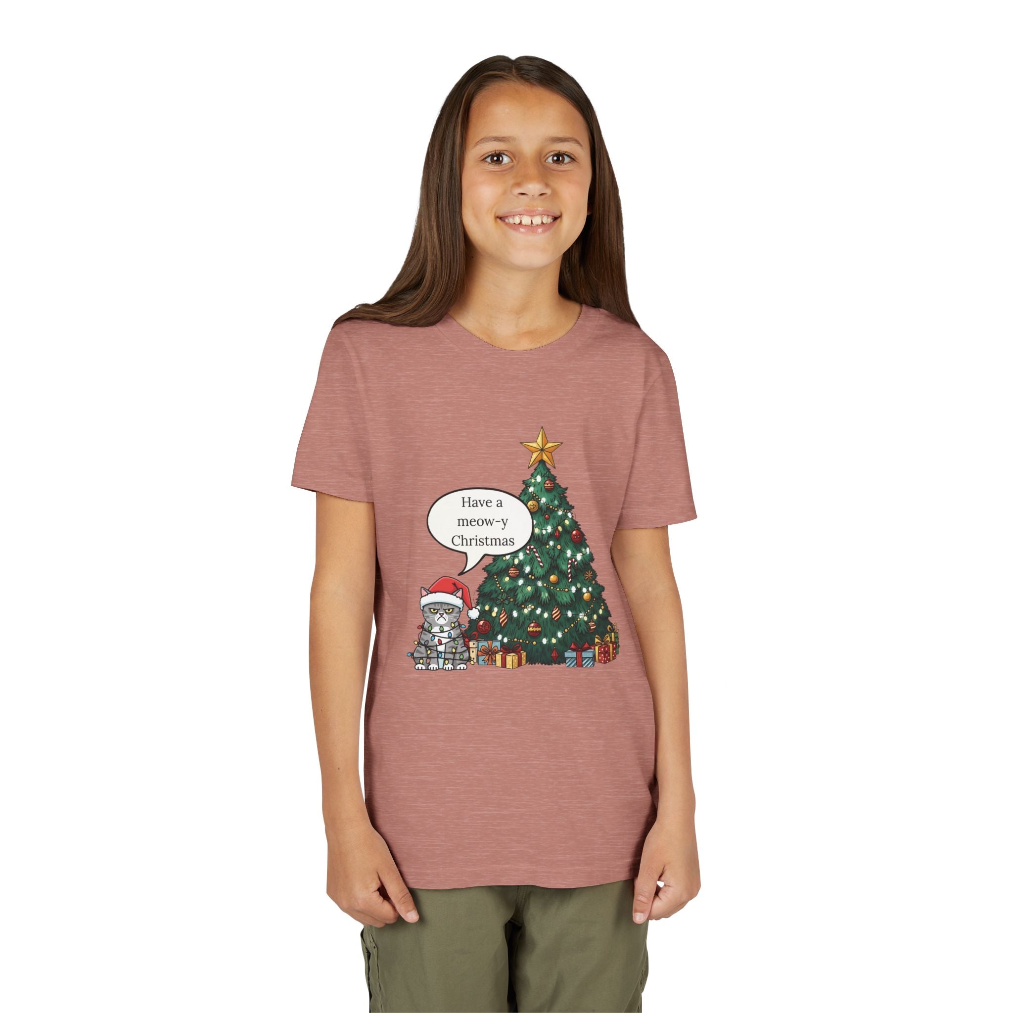 Youth Tee — "Have a Meowy Christmas" Cat & Christmas Tree Holiday Shirt