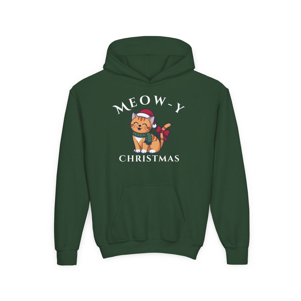 Meowy Christmas Youth Hoodie — Cute Cat Santa Holiday Sweatshirt