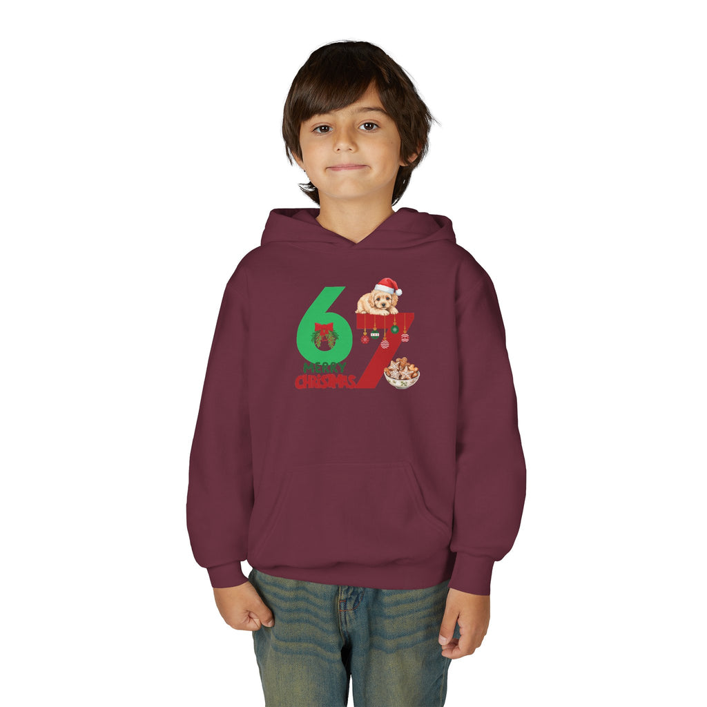Youth Christmas Hoodie "67 Merry Christmas" Cute Santa Puppy Design