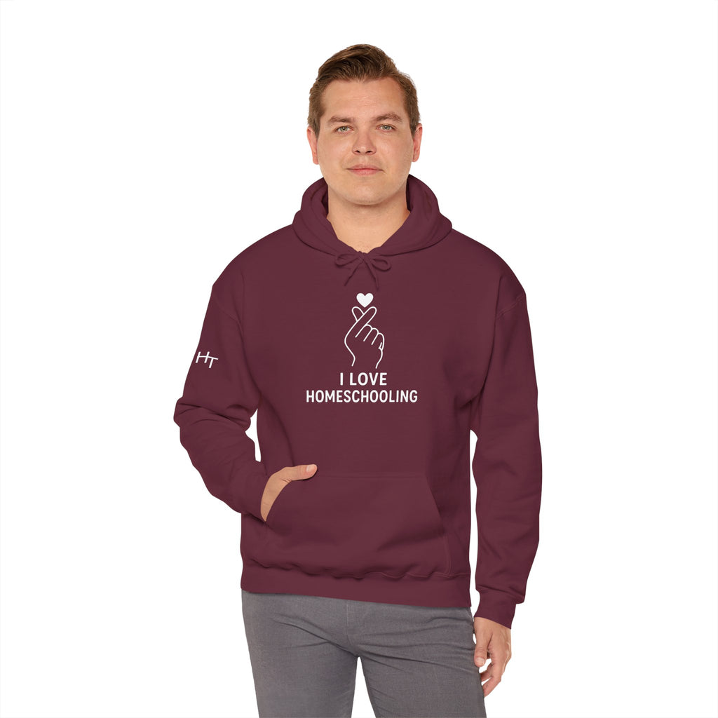 I Love Homeschooling Adult Hoodie — Minimal Heart Finger Design for Homeschool Students/Parents