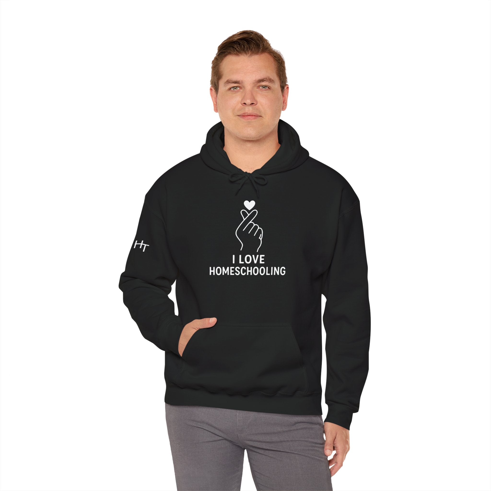 I Love Homeschooling Adult Hoodie — Minimal Heart Finger Design for Homeschool Students/Parents